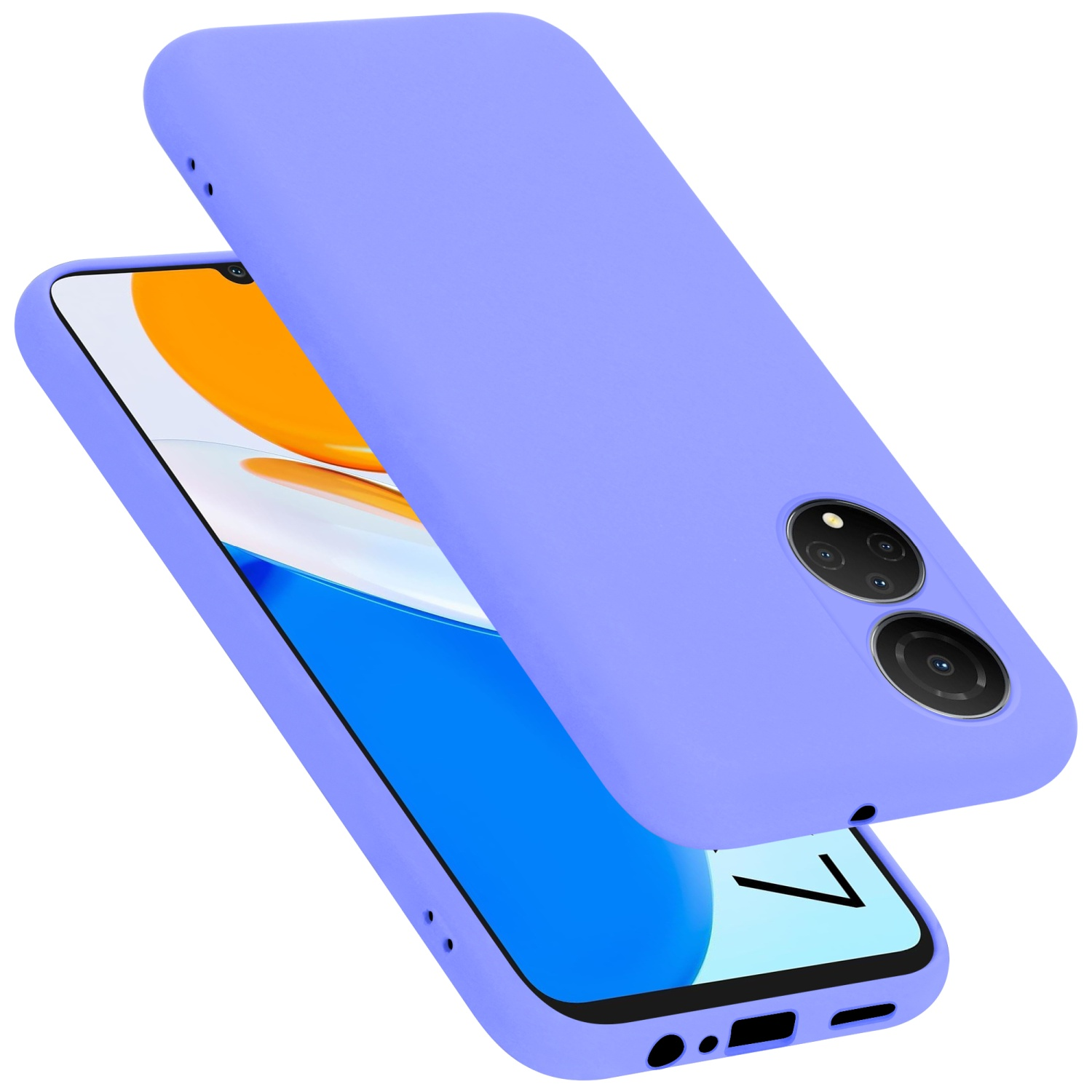 Ein lila Telefon und eine lila Handyhülle. Hülle oben, Telefon unten. Schwarze Kameralinsen.