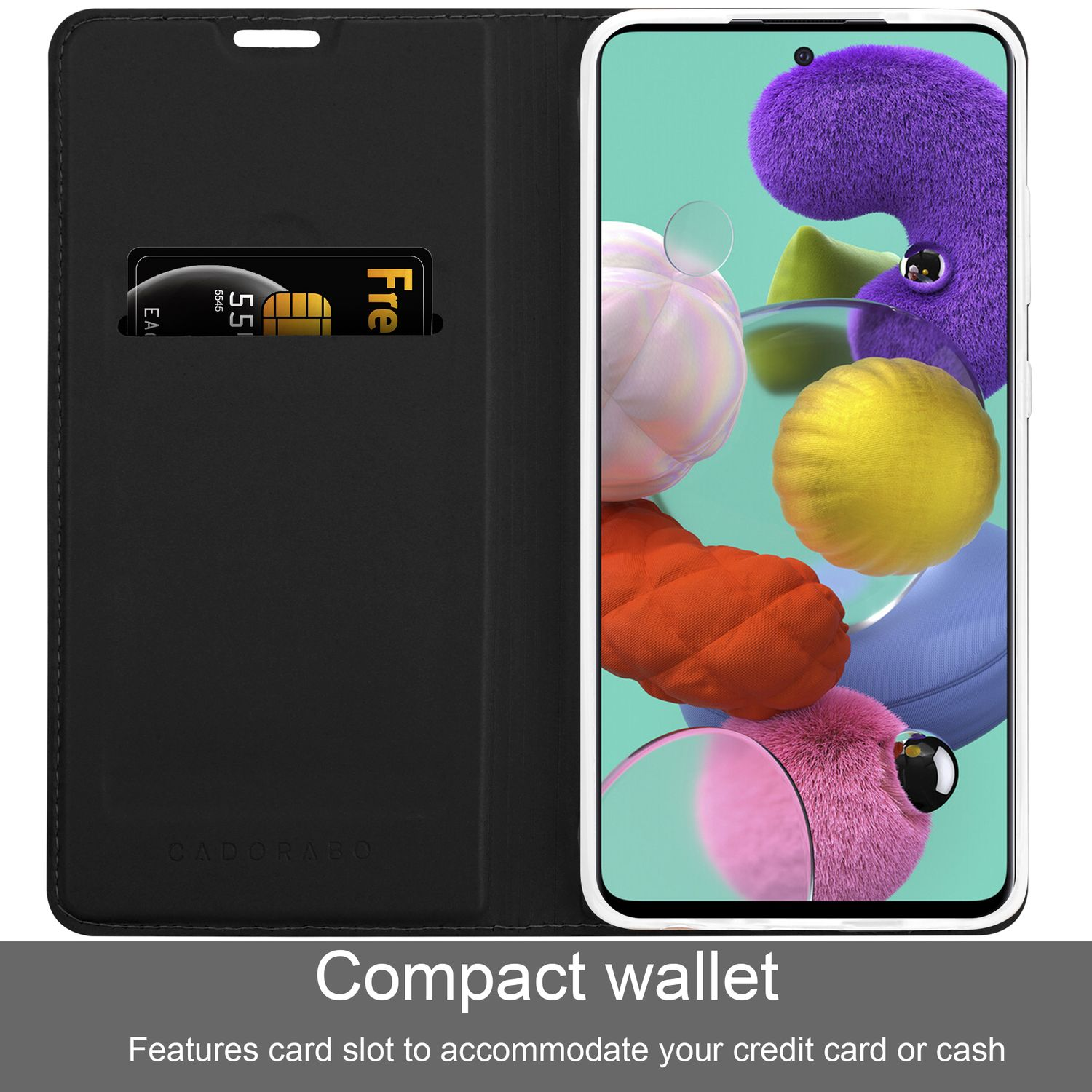 Custodia a portafoglio nera per telefono con fessura per carte e carta di credito. Un telefono colorato è all'interno. Sfondo bianco.