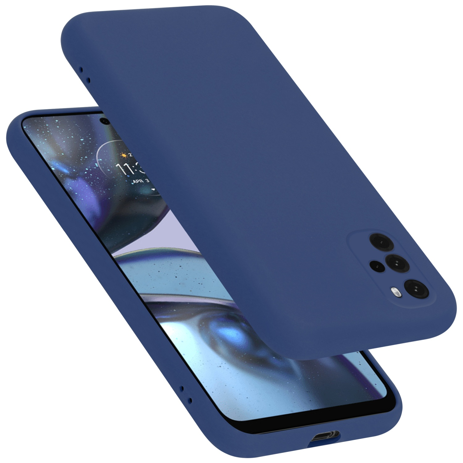 Blaue Handyhülle mit Telefon, Hülle offen, mit lila und blauem Telefonbildschirm.