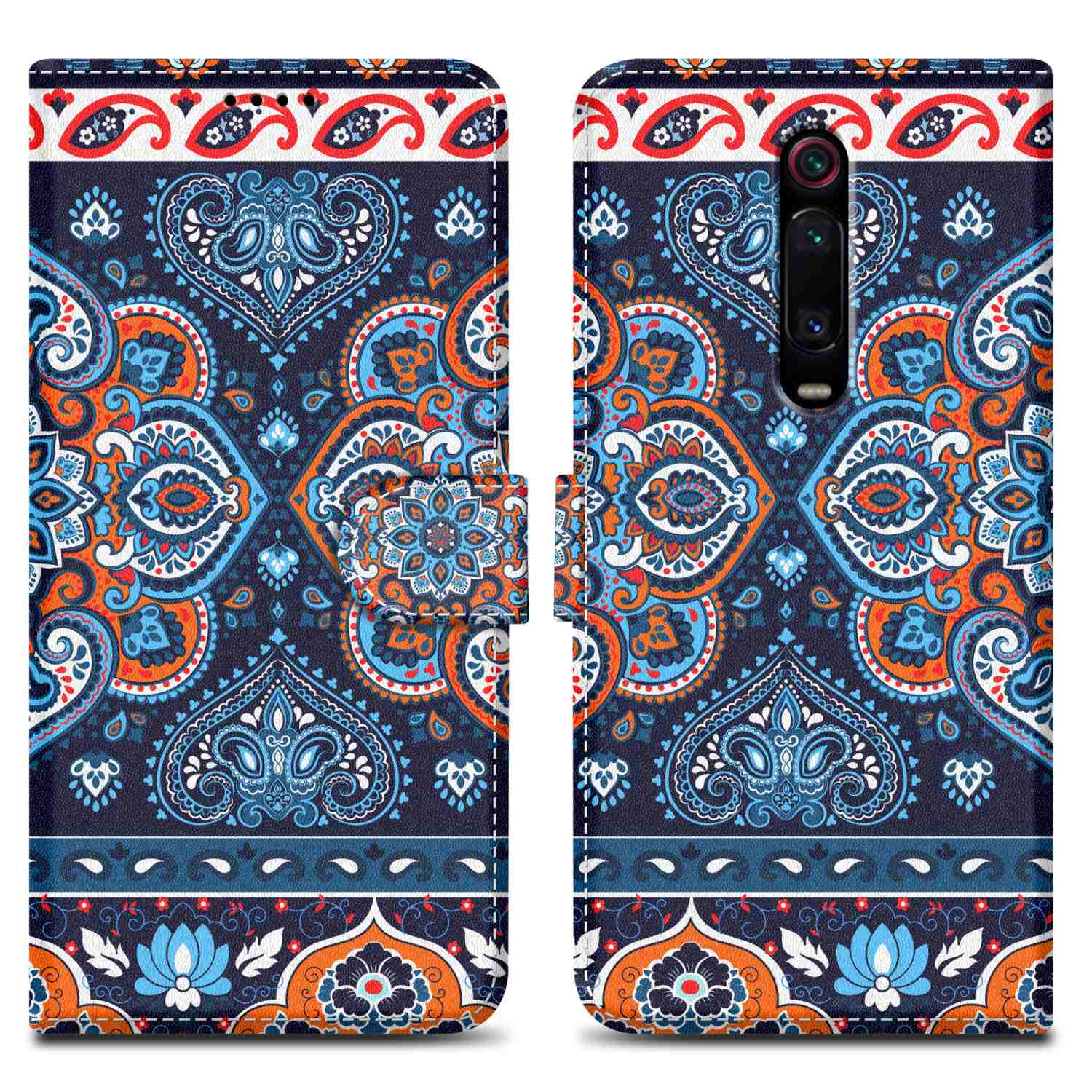 Una custodia per telefono aperta e chiusa, sono su bianco. La custodia ha un design colorato. Il telefono è visibile.