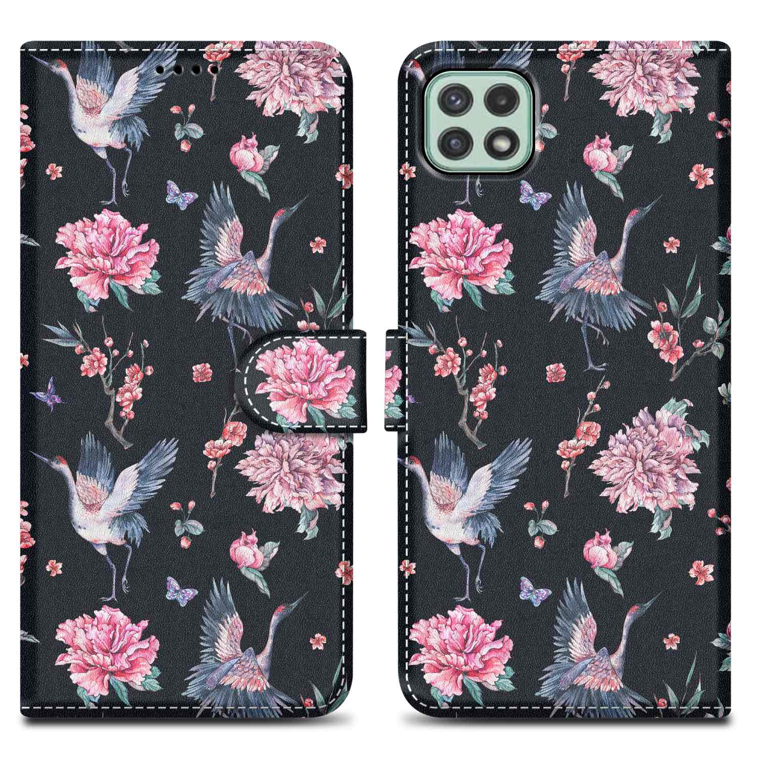 Handyhülle mit Blumen und Kranichen. Handyhülle mit Blumen und Kranichen auf schwarzem Grund.