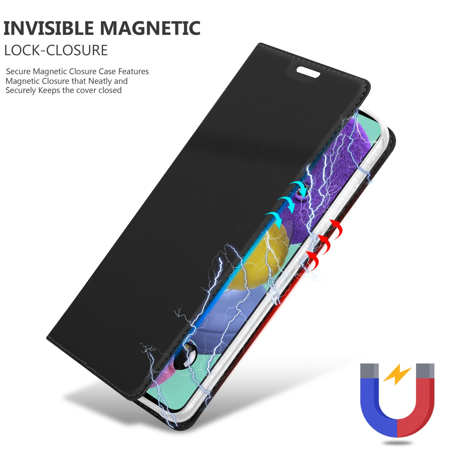 Custodia nera con chiusura magnetica. Il telefono è visibile, illuminato da fulmini.