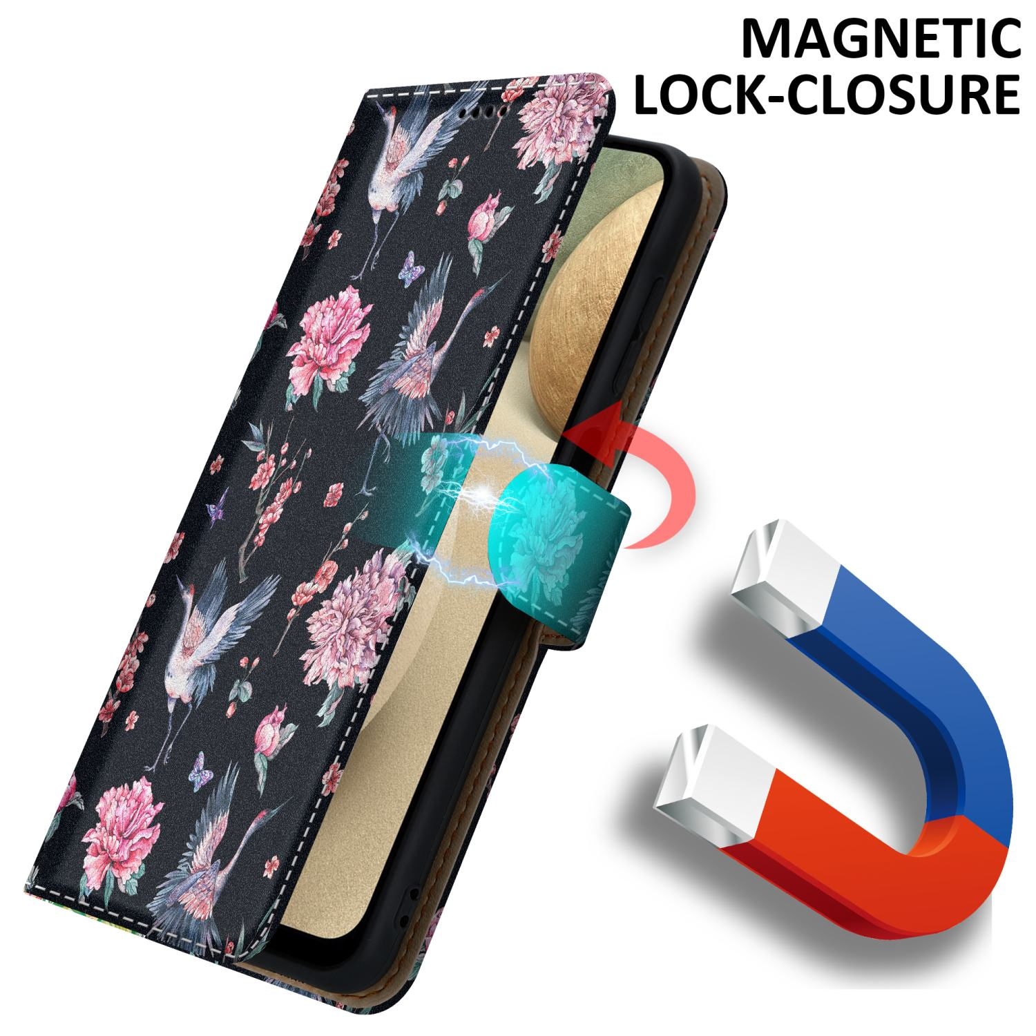 Custodia per telefono nera con design floreale, dettagli di chiusura magnetica e primo piano del magnete.