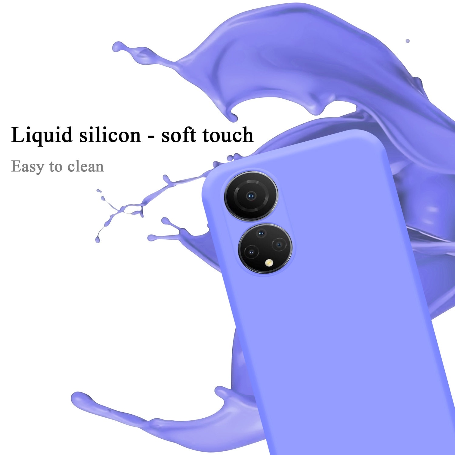 Eine hellviolette Handyhülle mit zwei Kameralinsen, Tropfen und dem Text 'Liquid silicon - soft touch'.