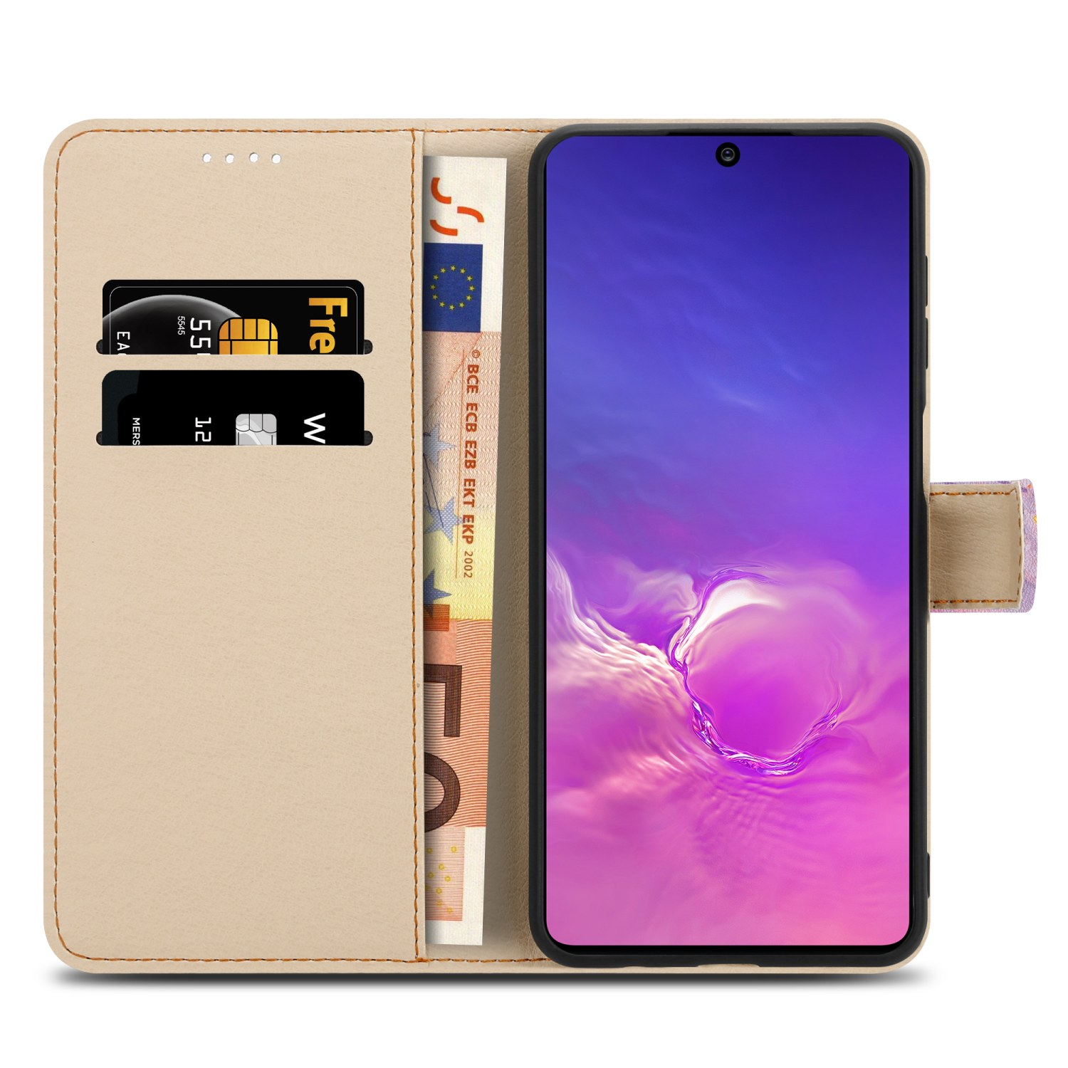 Telefono in una custodia a portafoglio beige, con carte e banconote in euro visibili. Aperto, con telefono che mostra.