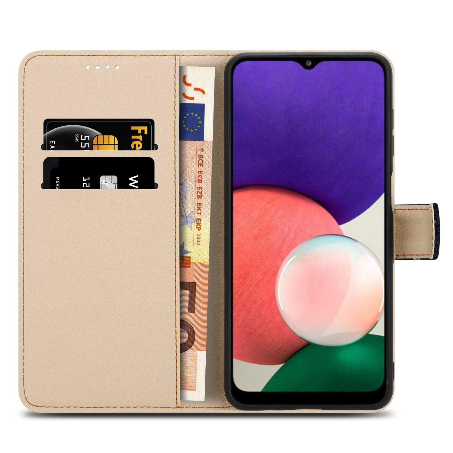 Beige Telefon-Geldbörse mit Telefon und Geld darin. Es hat auch Kreditkarten.