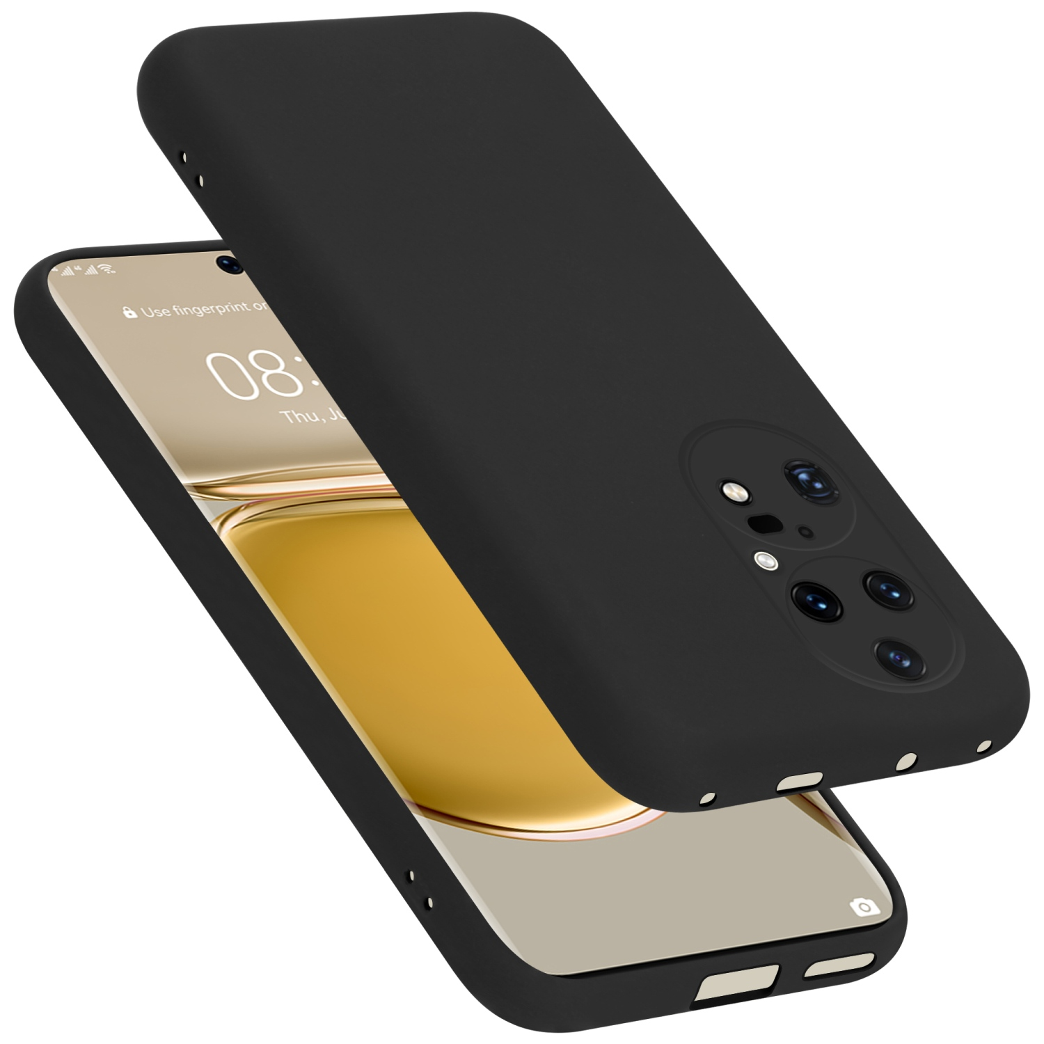 Ein schwarzes Telefon mit einer schwarzen Hülle. Das Telefon ist golden und zeigt einen Sperrbildschirm. Die Hülle ist eine Abdeckung.