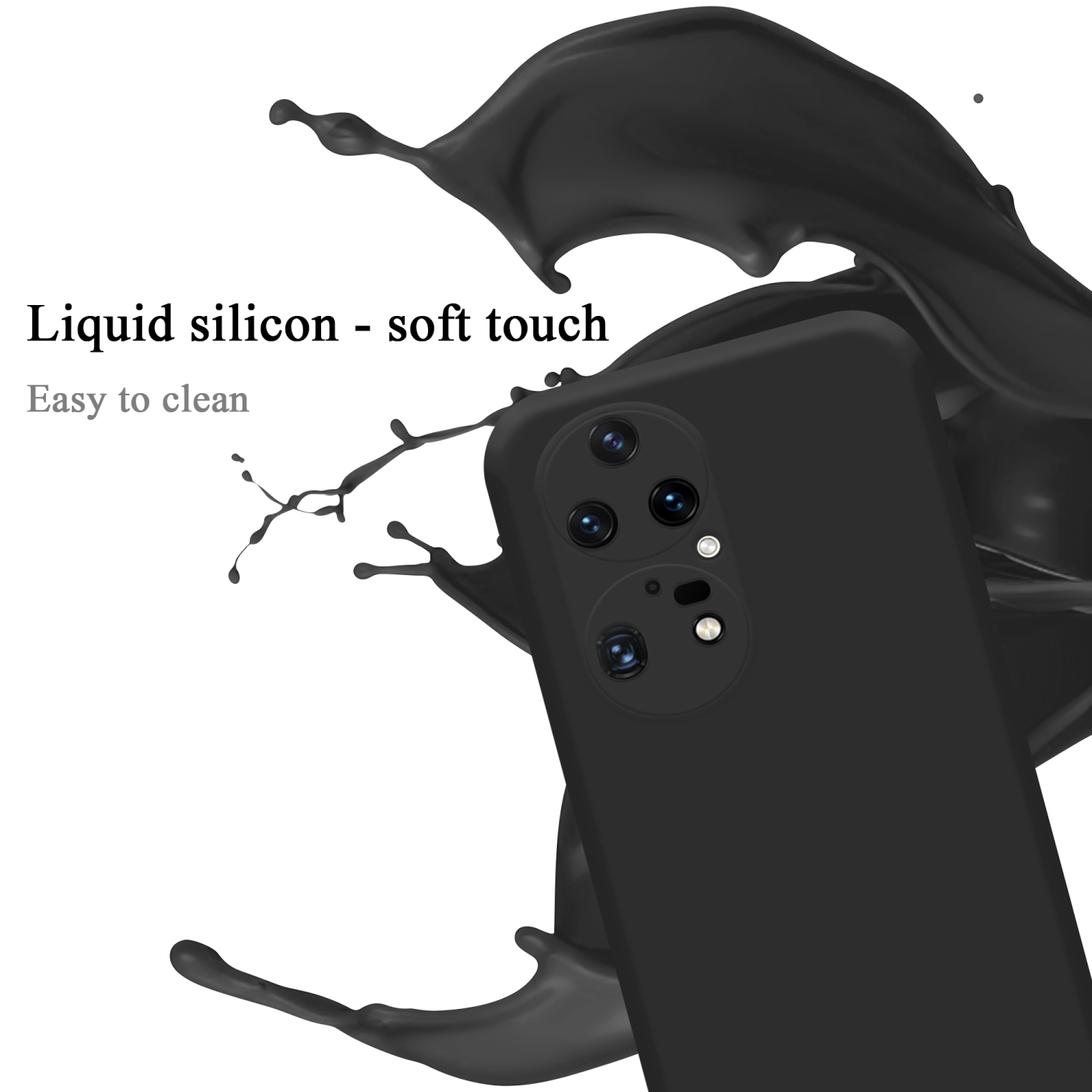 Schwarze Handyhülle mit schwarzem Flüssigkeitsspritzer. Text: Flüssiges Silikon-Soft-Touch, leicht zu reinigen.