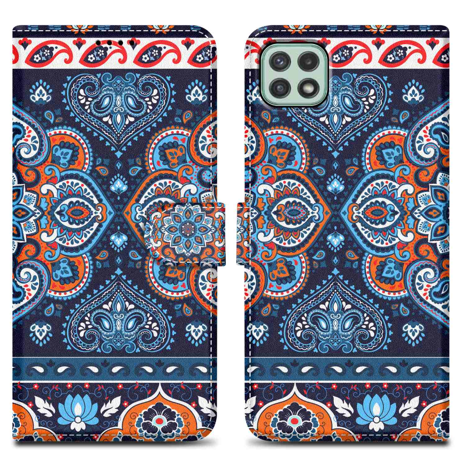 Geöffnete Handyhülle mit blauem, orangefarbenem und weißem Muster. Handy in der Hülle. Weißer Hintergrund.