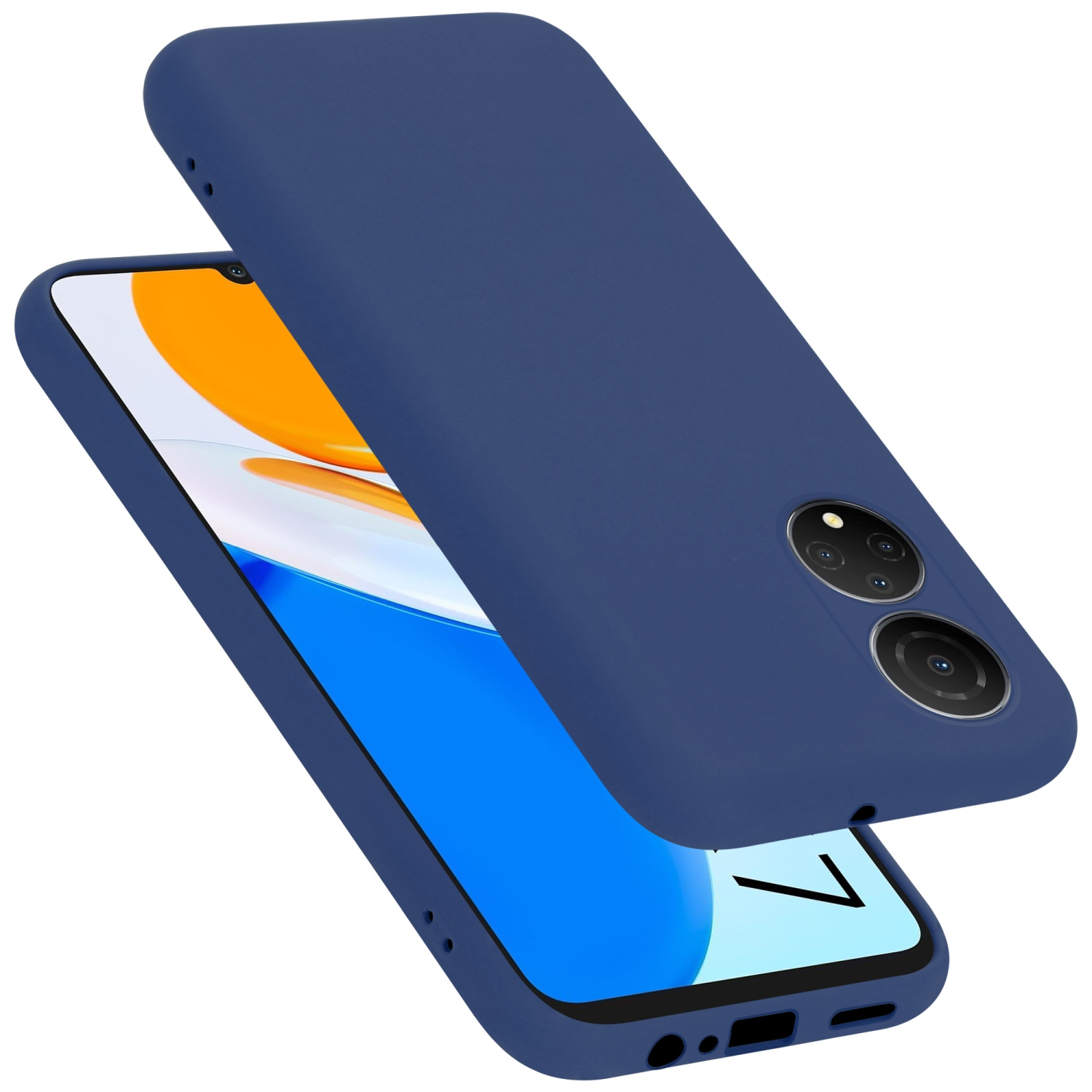 Blaue Handyhülle mit Telefon. Hülle hat Kameraausschnitte. Blauer Deckel ist angehoben.