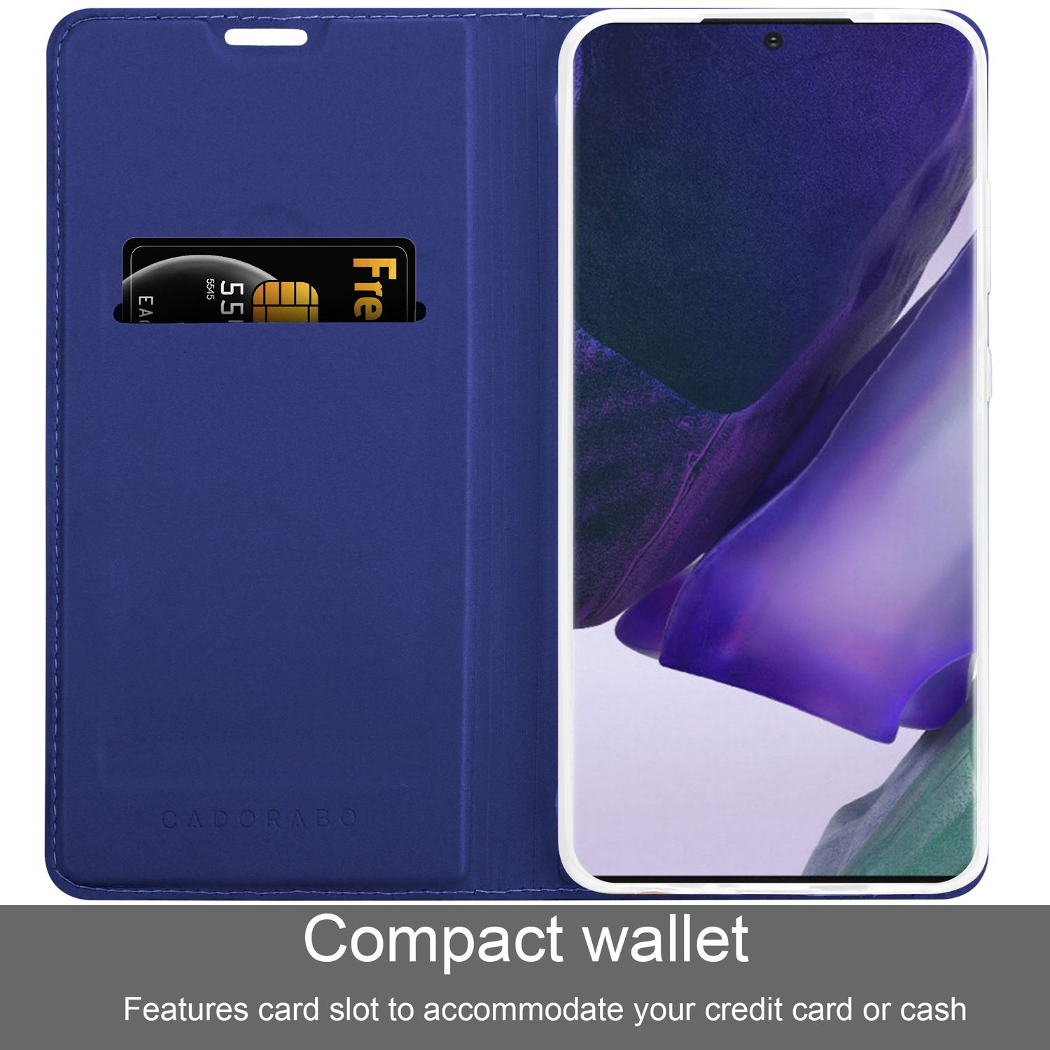 Una custodia blu con slot per carte, che tiene telefono e carta di credito.