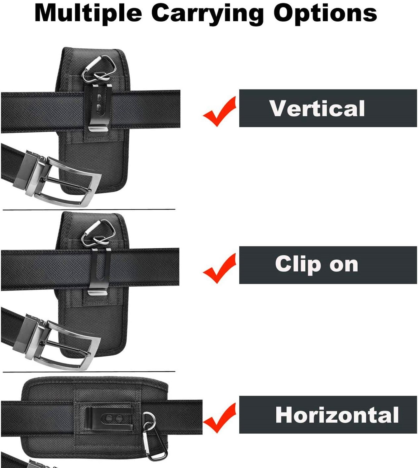 Handyhülle mit Gürtelclip. Drei Tragemöglichkeiten: vertikal, Clip-on, horizontal.