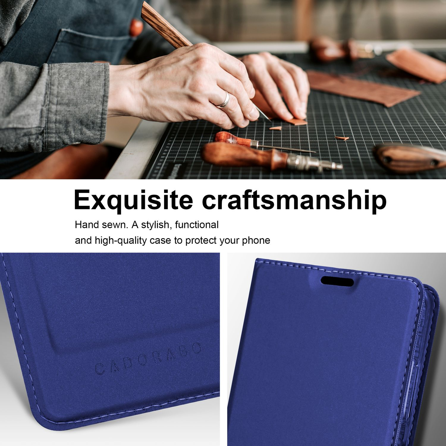 Una persona che realizza una custodia per telefono in pelle blu. Primo piano della custodia con il marchio.