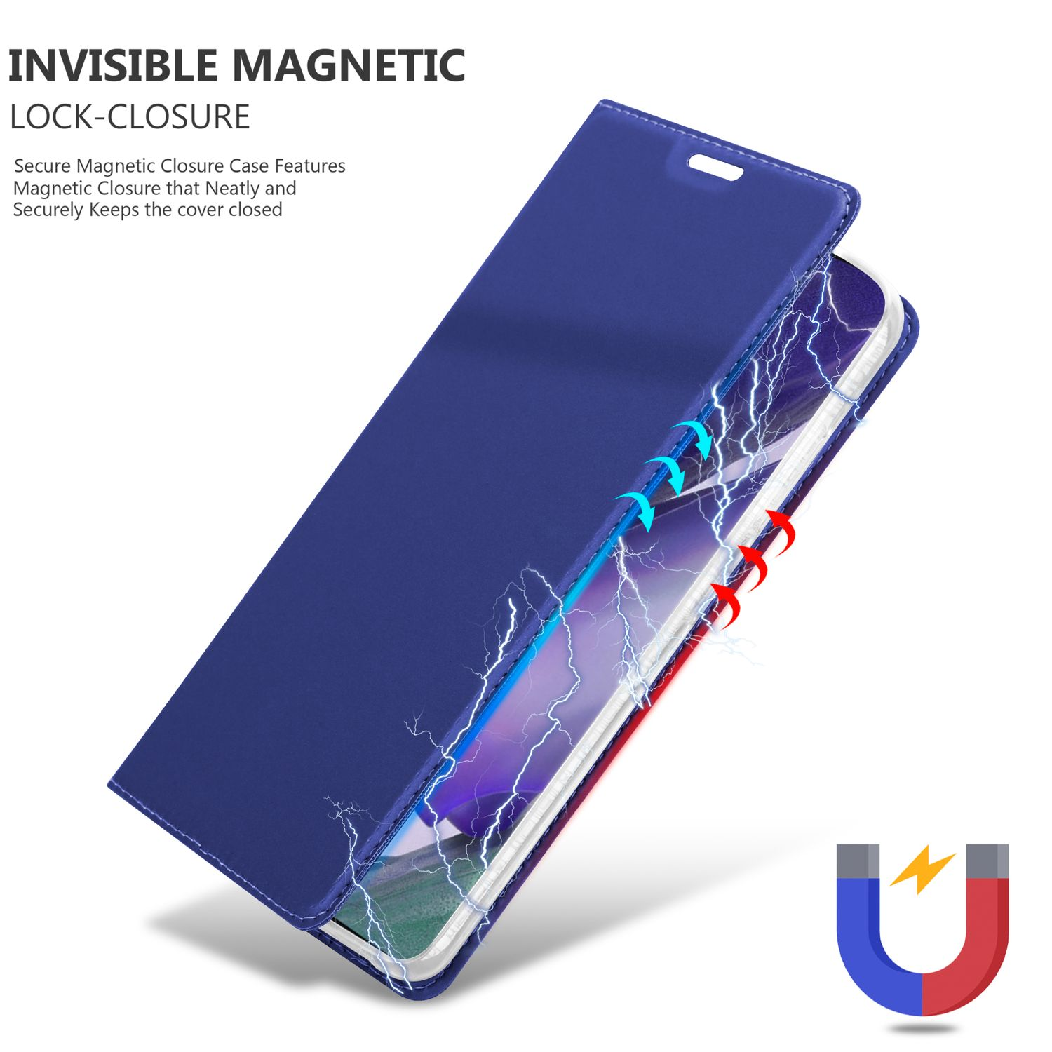 Custodia blu aperta, con un telefono all'interno. Sono mostrati fulmini e un'icona a forma di magnete.