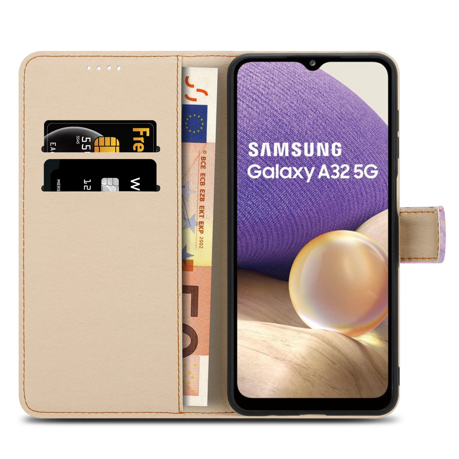 Custodia beige con telefono, carte e contanti. Il telefono mostra un Samsung Galaxy A32 5G.