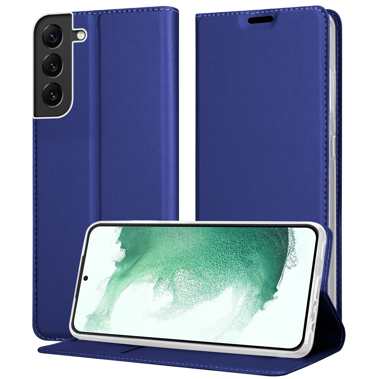 Una custodia per telefono blu, con un telefono nella custodia e una custodia aperta.