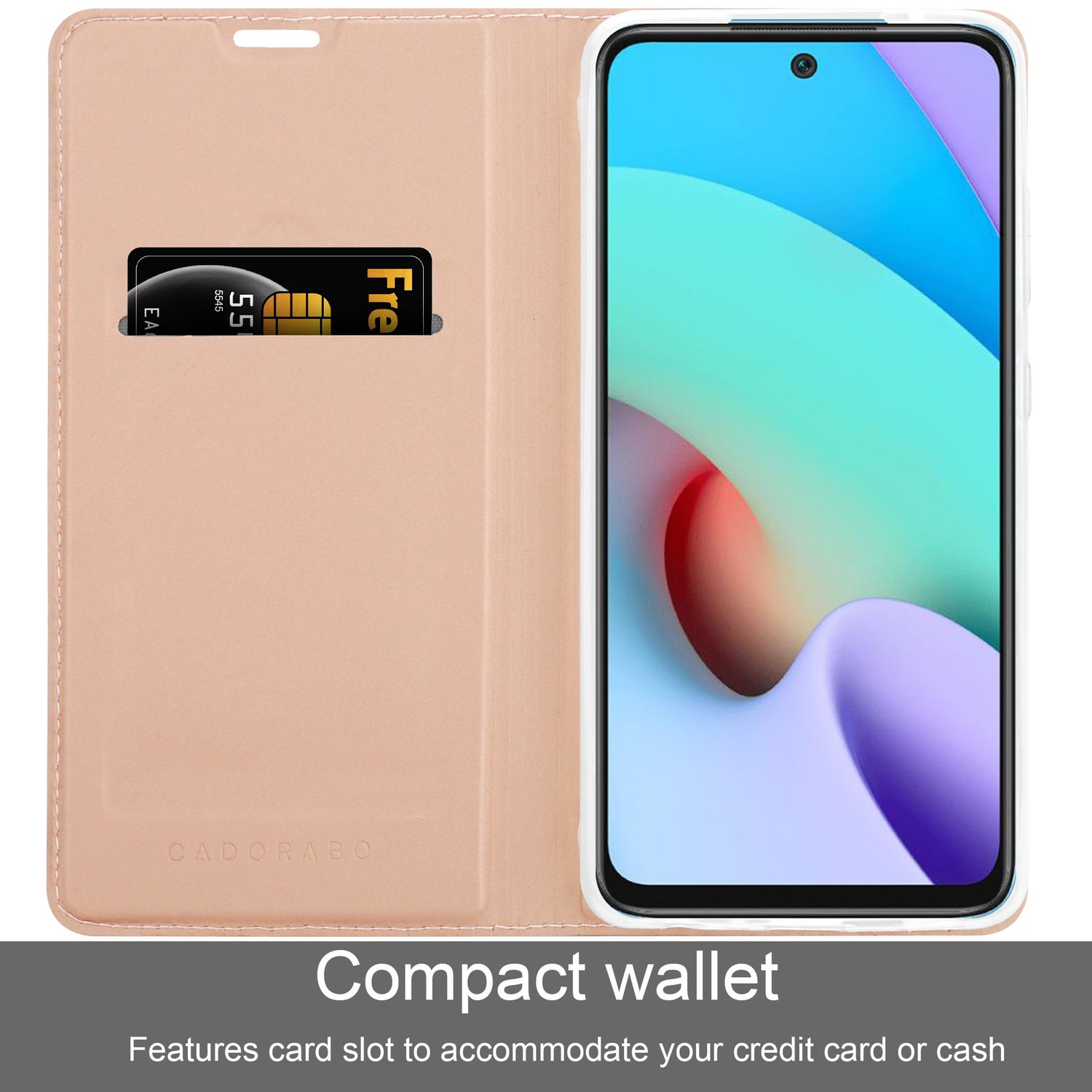 Custodia del telefono aperta con fessura per carte e carta di credito.