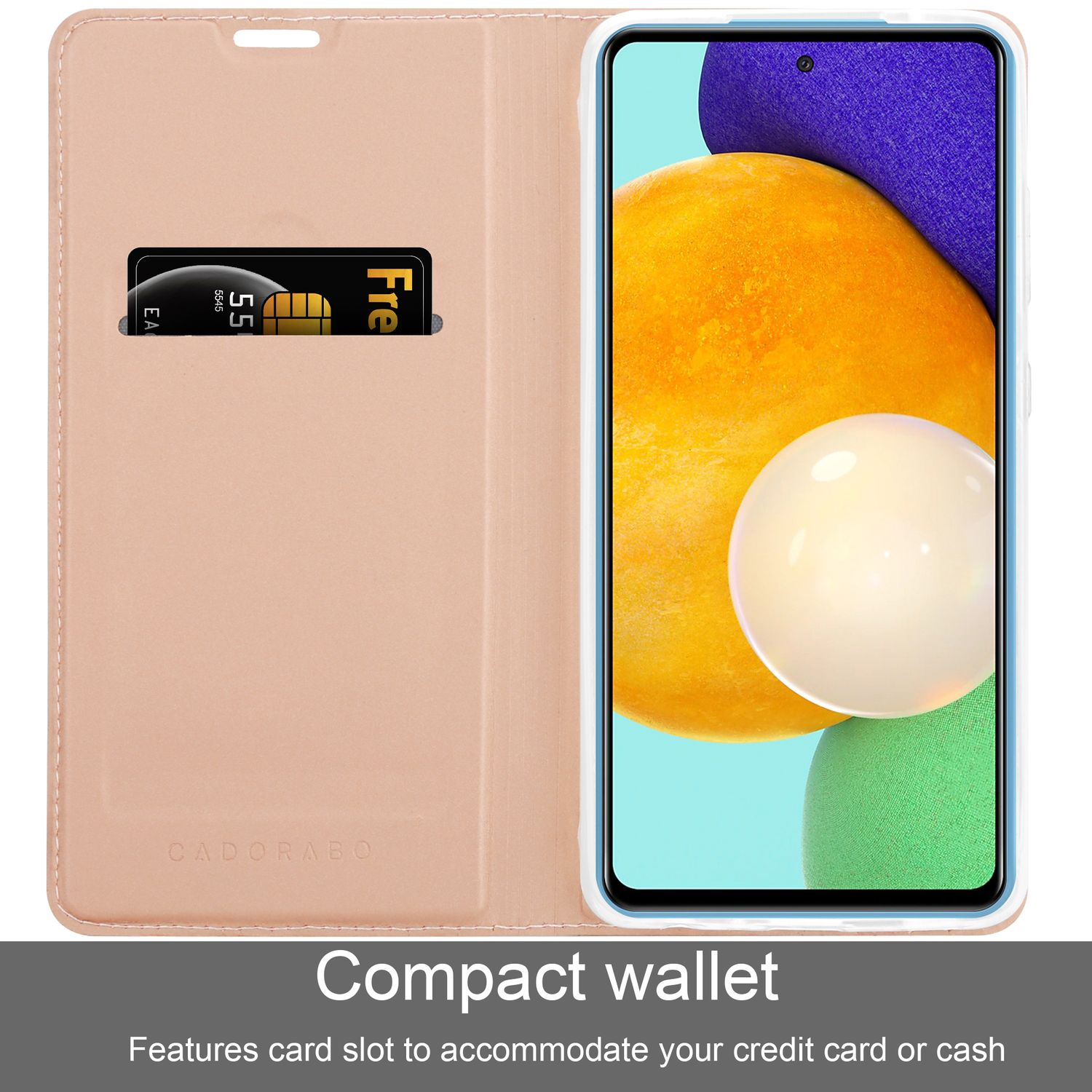 Una custodia per telefono con uno slot per carte che mostra una carta di credito. La custodia è aperta, mostrando uno schermo.