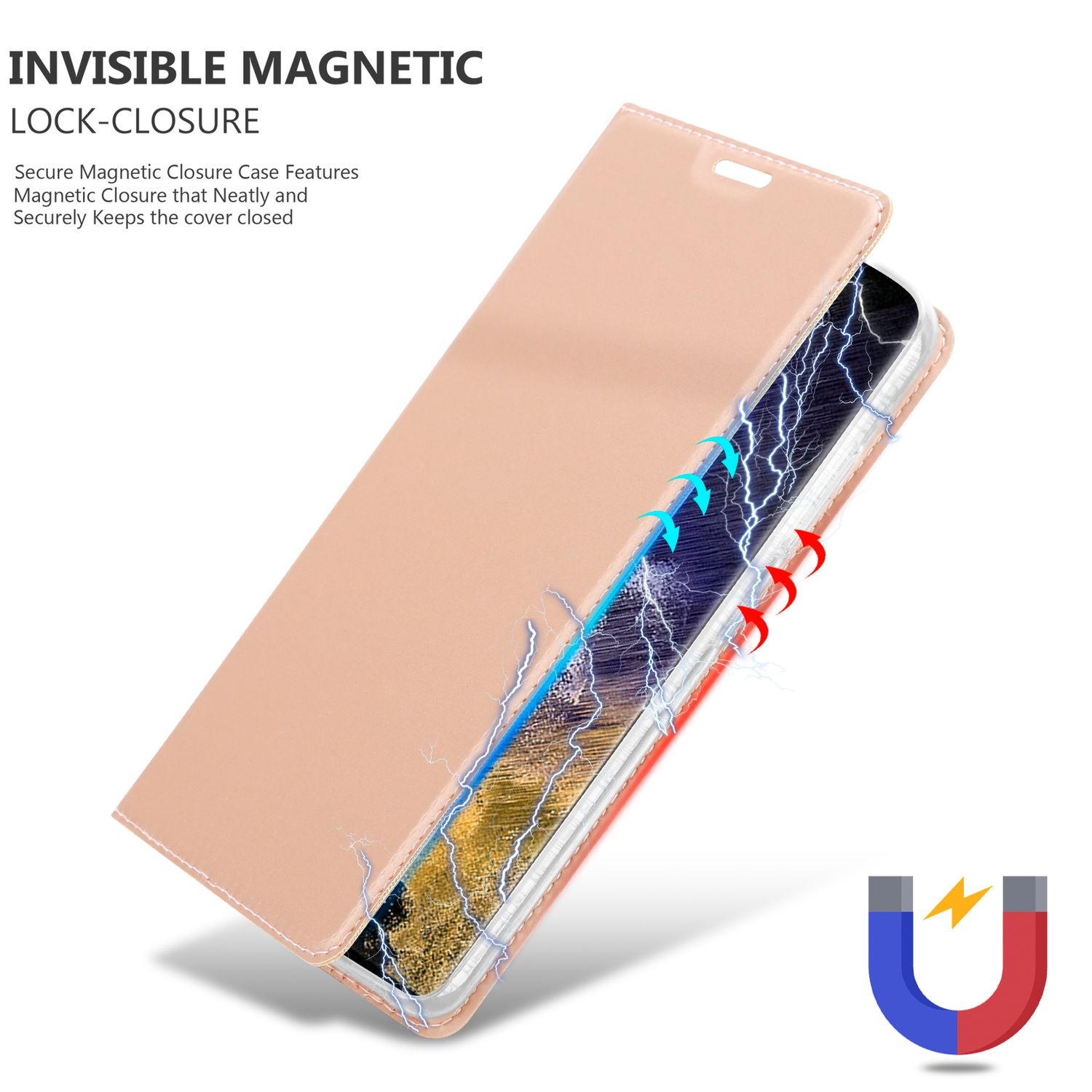 Eine geöffnete Handyhülle, die ein Telefon im Inneren zeigt. Die Hülle ist rosa, mit magnetischem Verschluss.