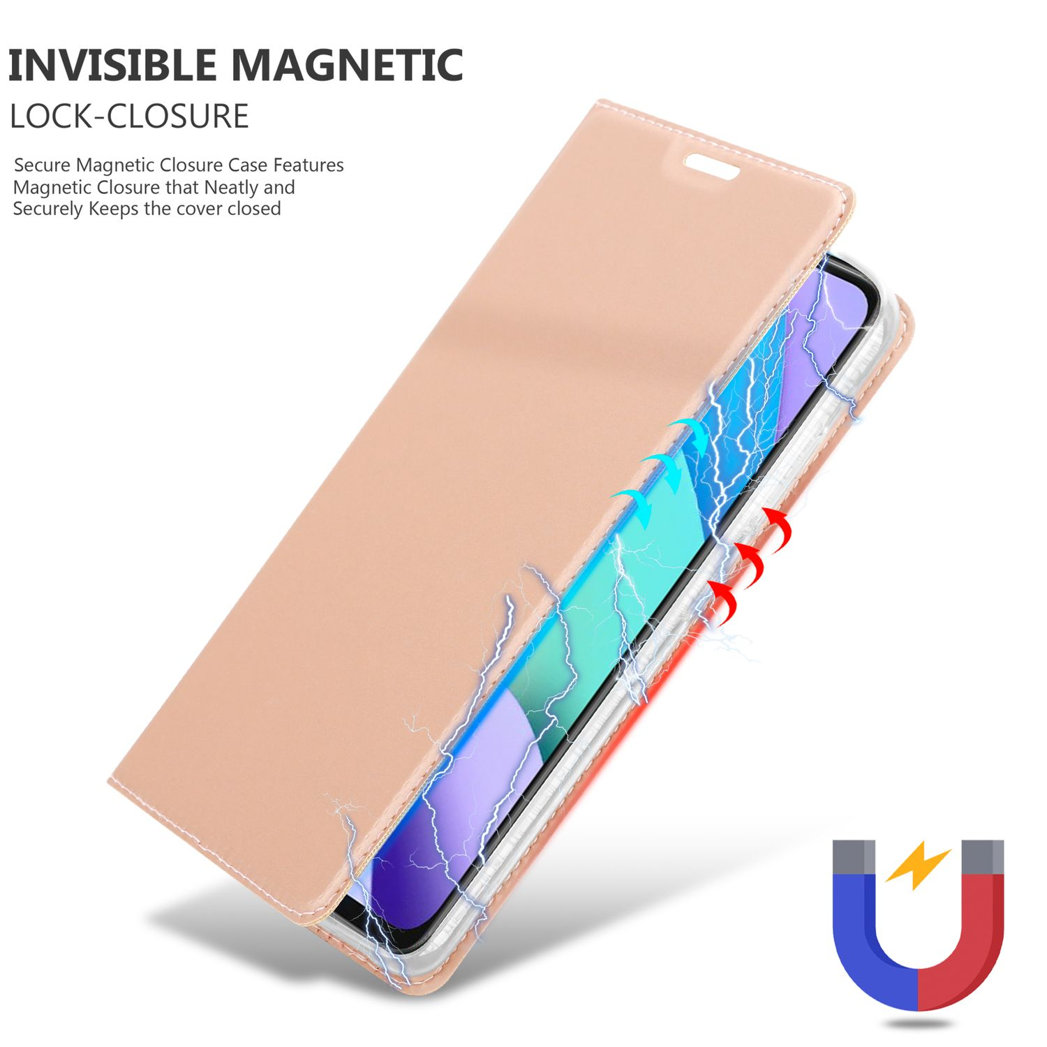 Custodia del telefono con coperchio aperto, che mostra lo schermo del telefono. Frecce rosse e icona magnete.