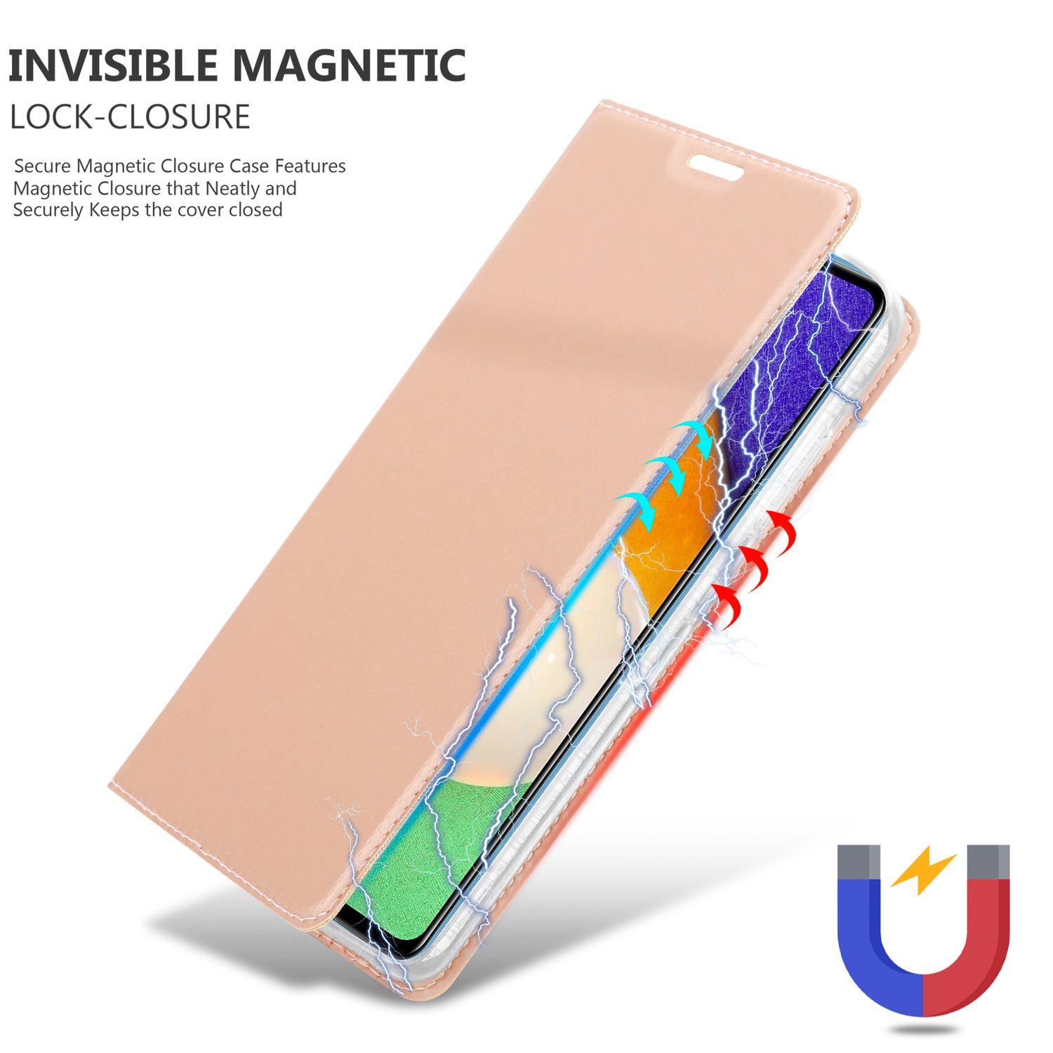 Custodia rosa per telefono, aperta per rivelare il telefono, fulmini e un magnete a forma di U.
