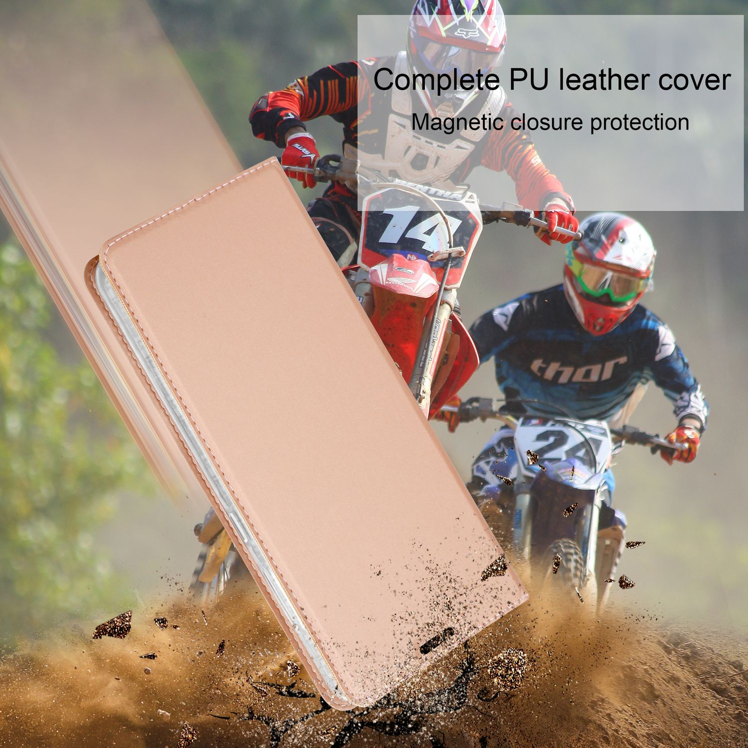 Una custodia per telefono con una scena di motocross sullo sfondo, sovrapposizione di testo che recita 'Complete PU leather cover'.