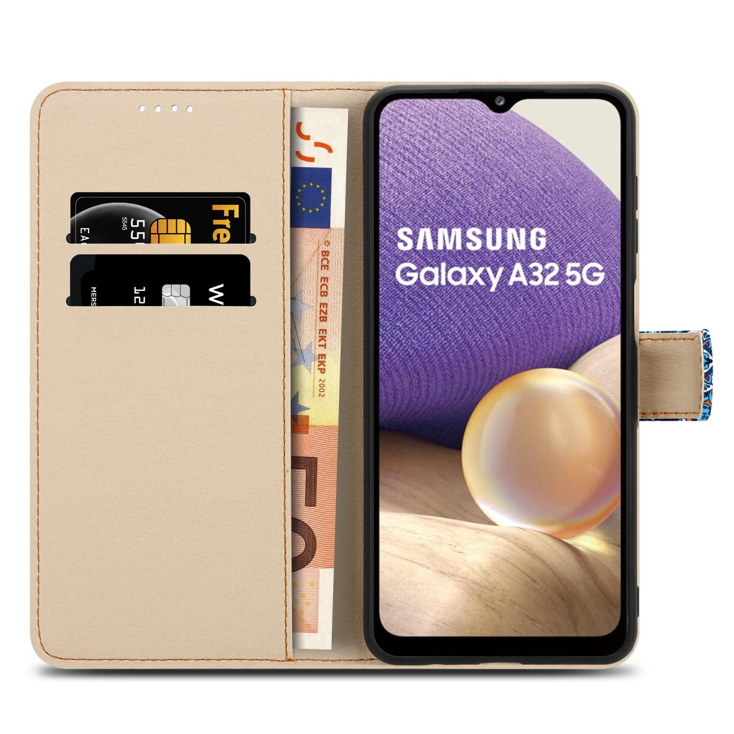 Custodia per telefono beige aperta con carte e contanti. Telefono Samsung Galaxy A32 5G visibile.