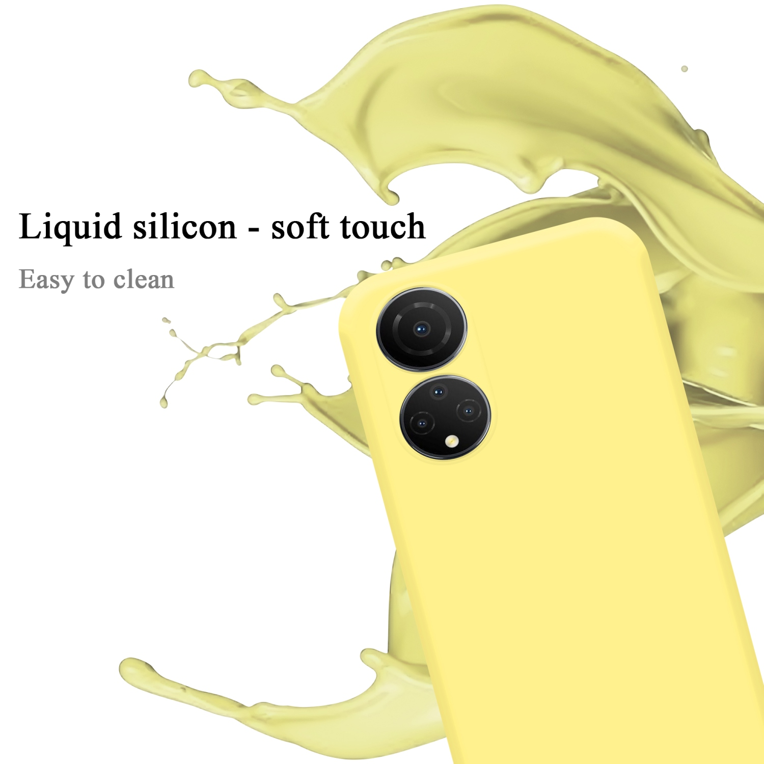 Gelbe Handyhülle mit geschwungenem Design und gelbem Flüssigkeitsspritzer im Hintergrund.