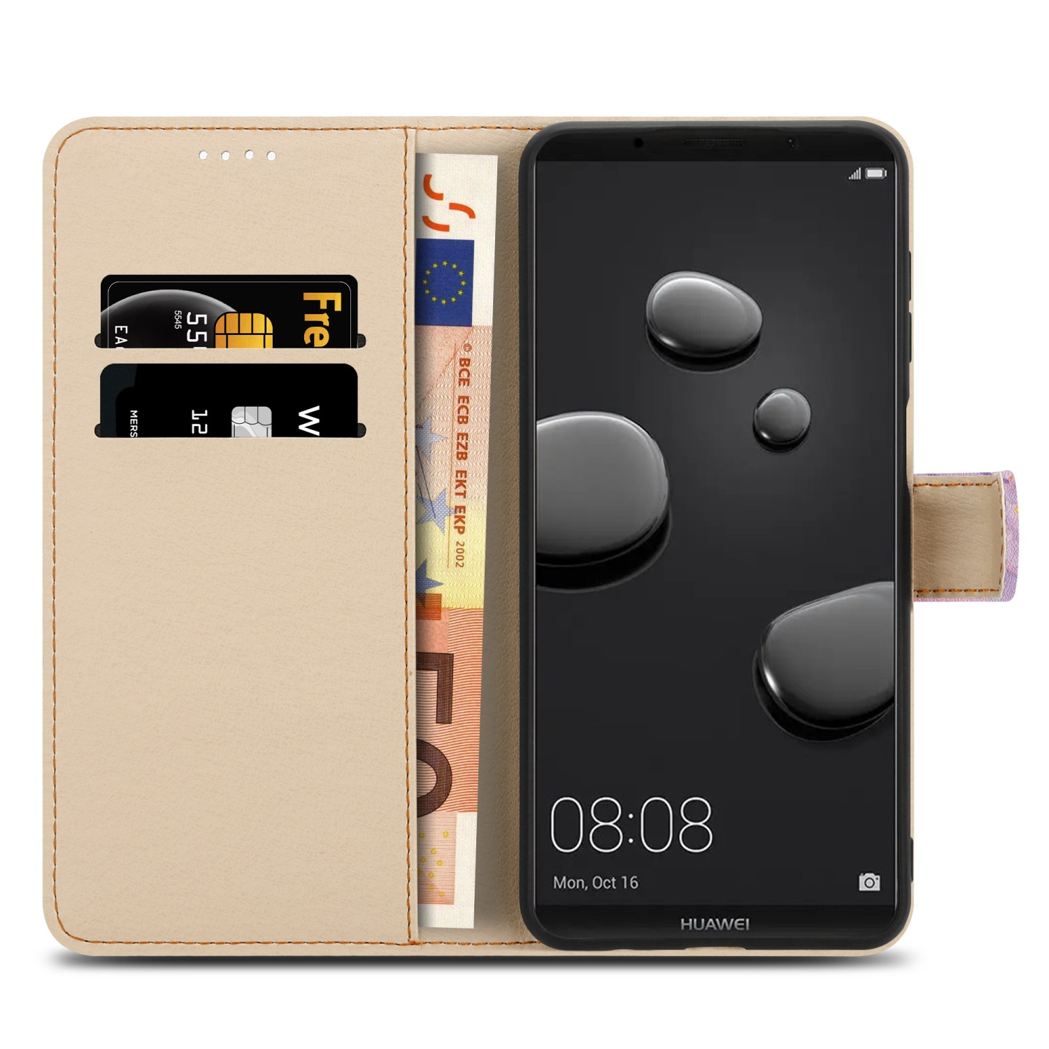 Ein Telefon in einem beigen Brieftaschenetui, das eine Kreditkarte und etwas Geld zeigt.