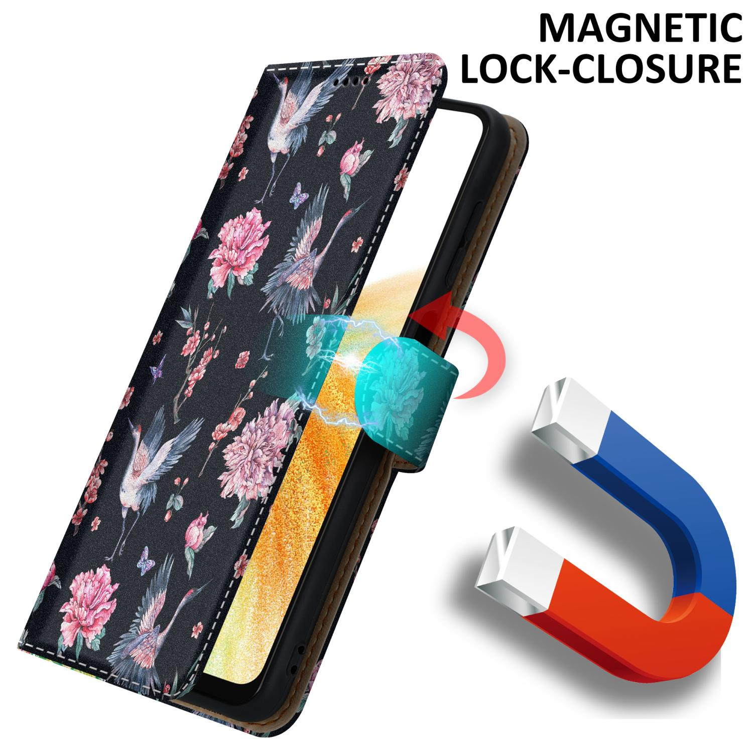 Custodia per telefono con design floreale, chiusura magnetica. Aperta, mostra telefono e magnete.