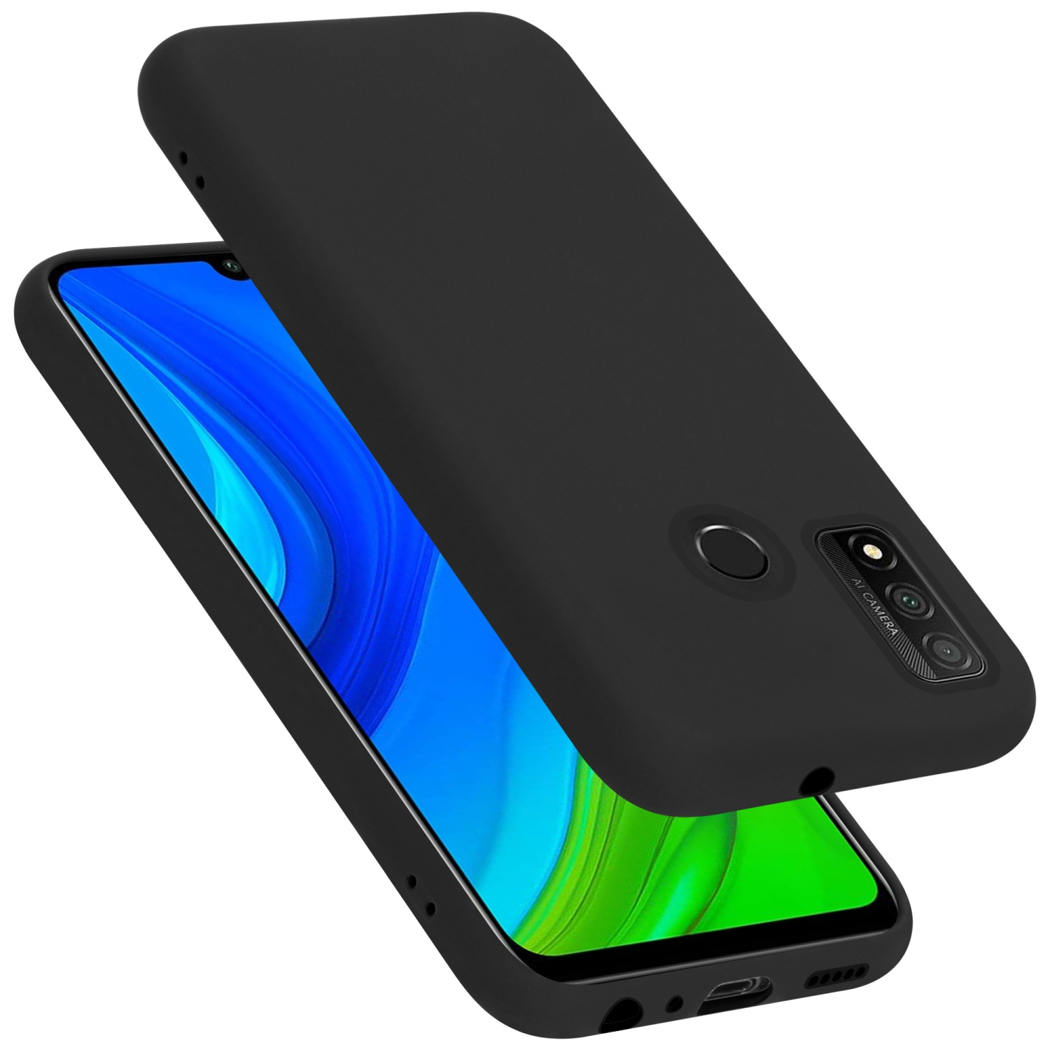 Zwei schwarze Telefone, deren Rückseiten nach oben zeigen, liegen auf Weiß. Jedes Telefon hat eine Kamera.