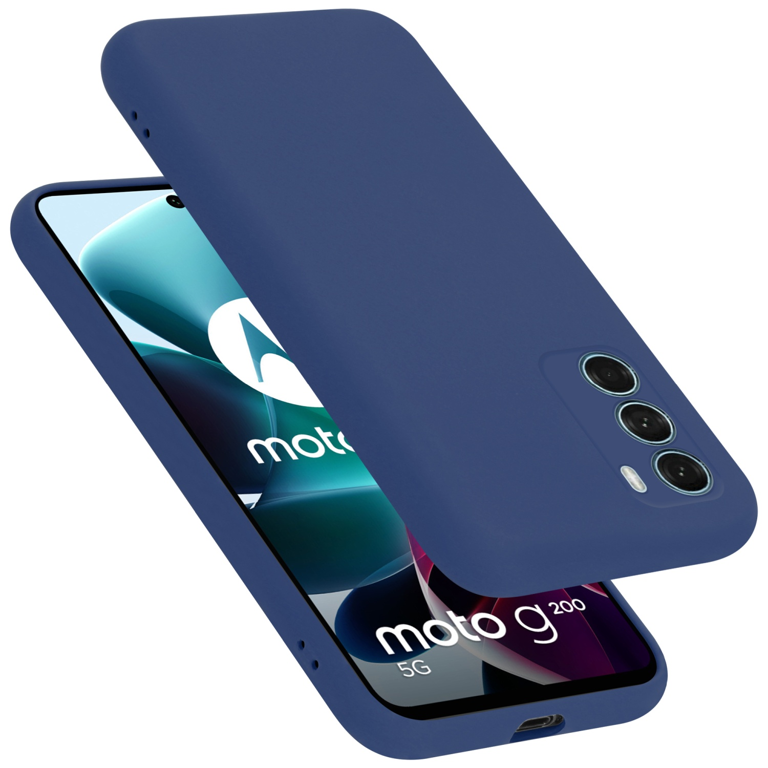 Eine blaue Handyhülle, geöffnet, um ein Telefon zu zeigen. Die Hülle ist blau, das Telefon ist schwarz.