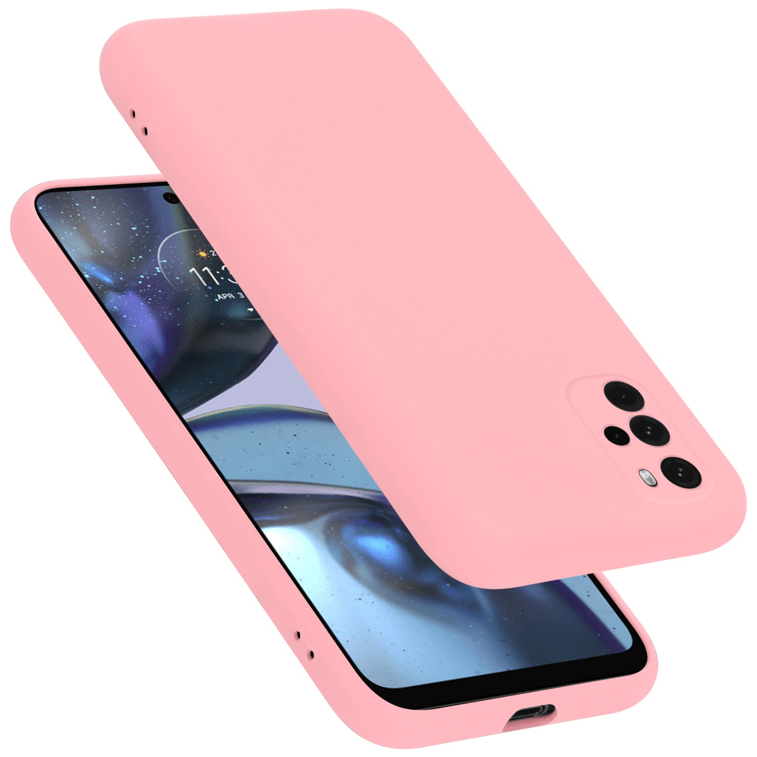 Rosa Handyhülle mit Telefon, Hülle offen, mit lila und blauem Telefonbildschirm.