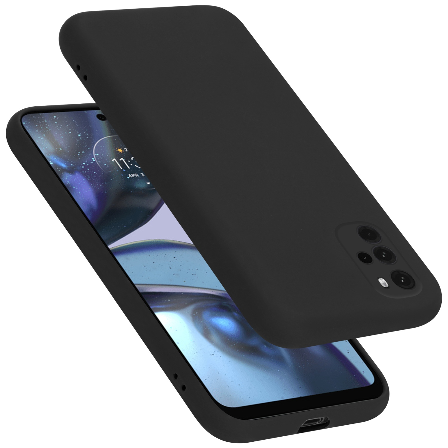 Eine schwarze Handyhülle mit einem Smartphone darin. Die Hülle ist offen, das Telefon zeigend.