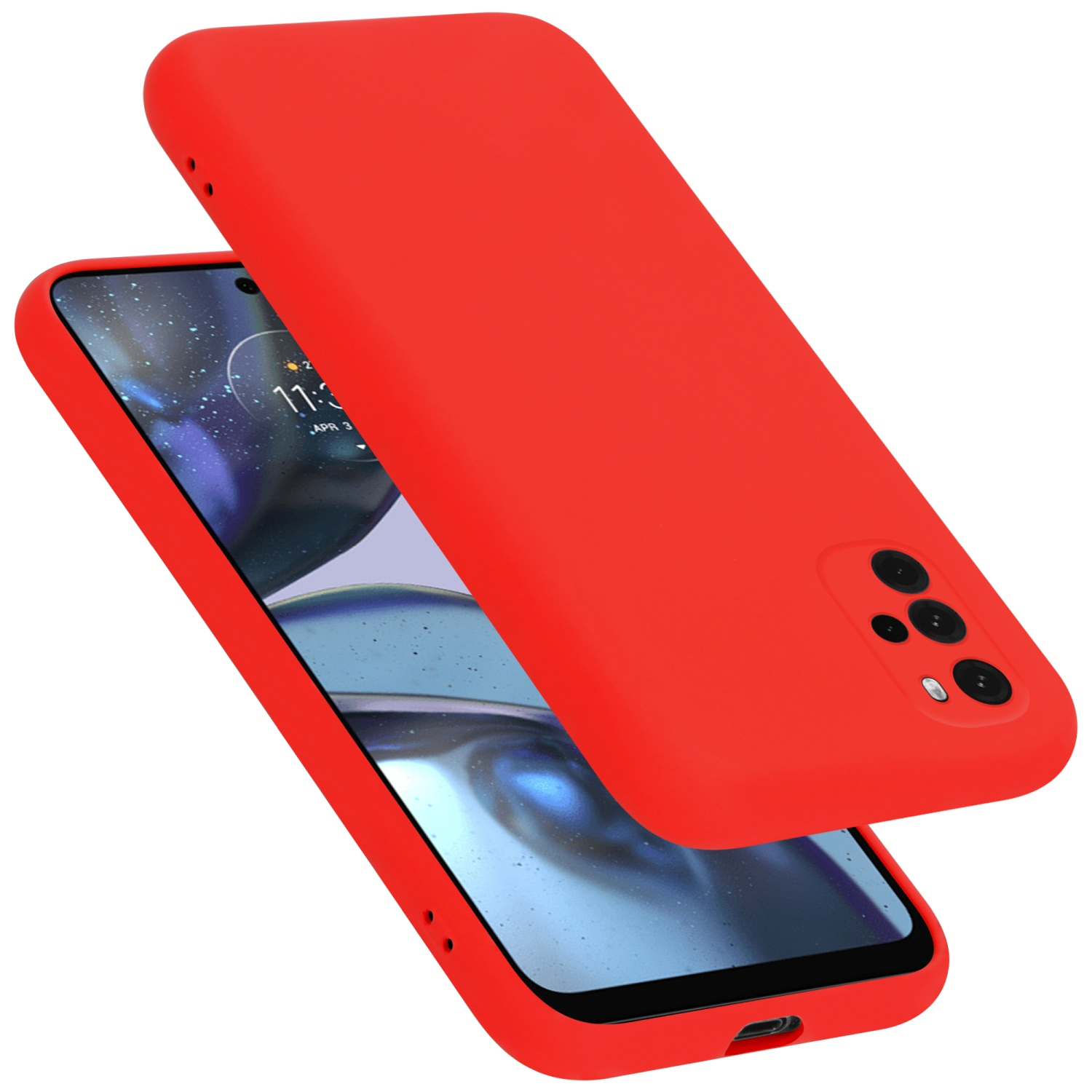 Rote Handyhülle auf einem Handy und eine separate Hülle. Weißer Hintergrund.