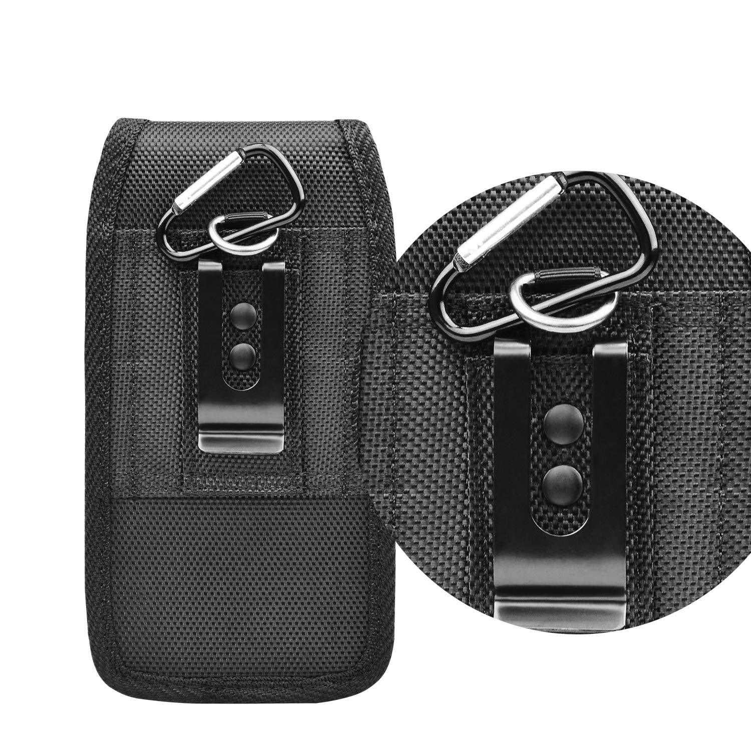 Detail des schwarzen Handyhüllenclips. Nahaufnahme des Clips und Karabiners.