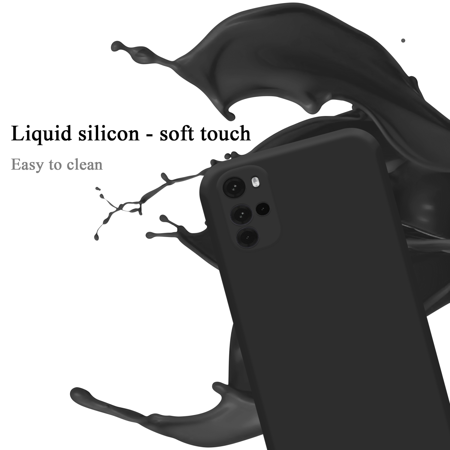 Schwarze Handyhülle mit Kameralinsen. Schwarzer Spritzer im Hintergrund. Text: Flüssigsilikon - Soft-Touch, leicht zu reinigen.