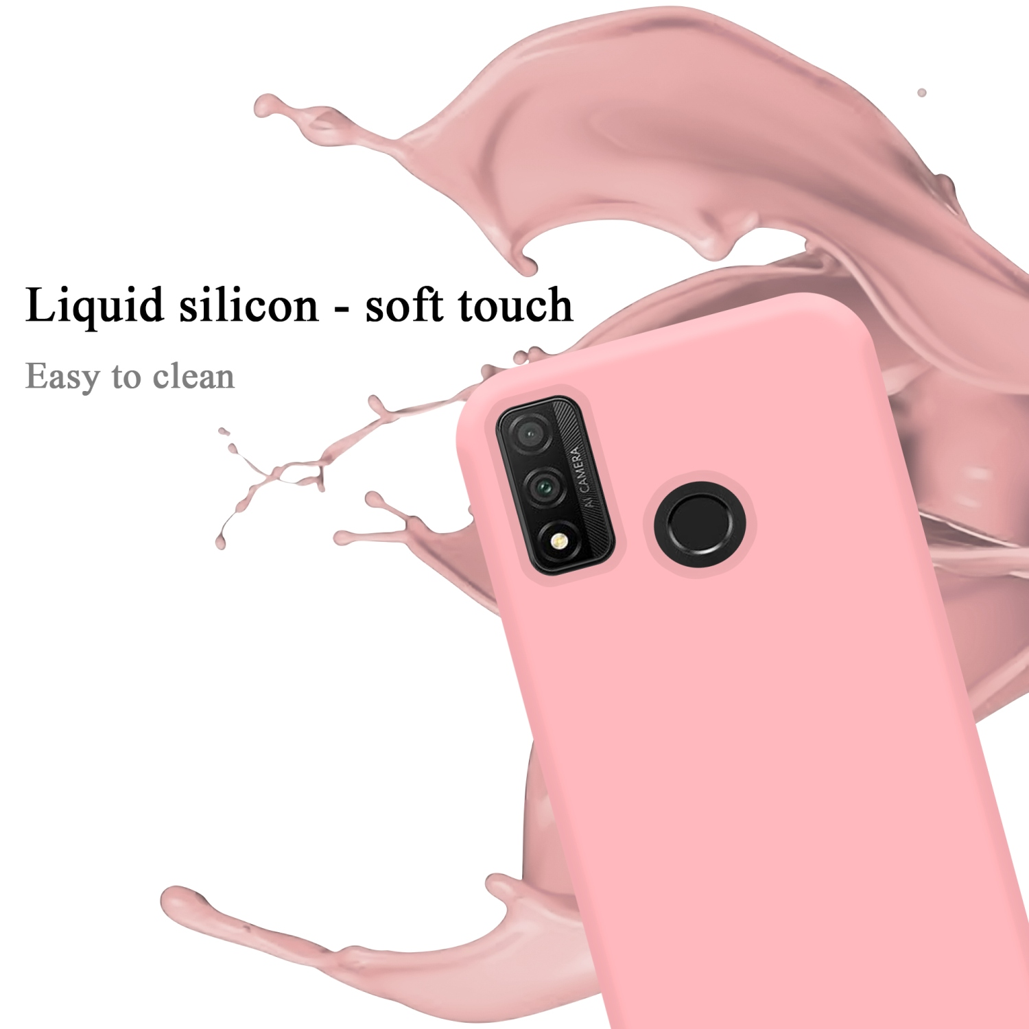 Rosa Handyhülle mit rosa Flüssigkeitsspritzer. Text: Flüssiges Silikon-Soft-Touch, leicht zu reinigen.