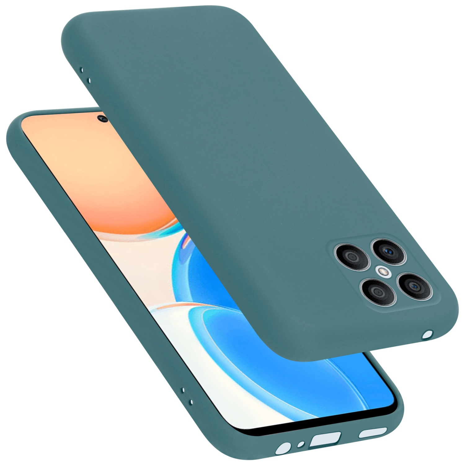 Türkisfarbenes Telefon und Hülle. Hülle ist offen. Telefon hat drei Kameras.