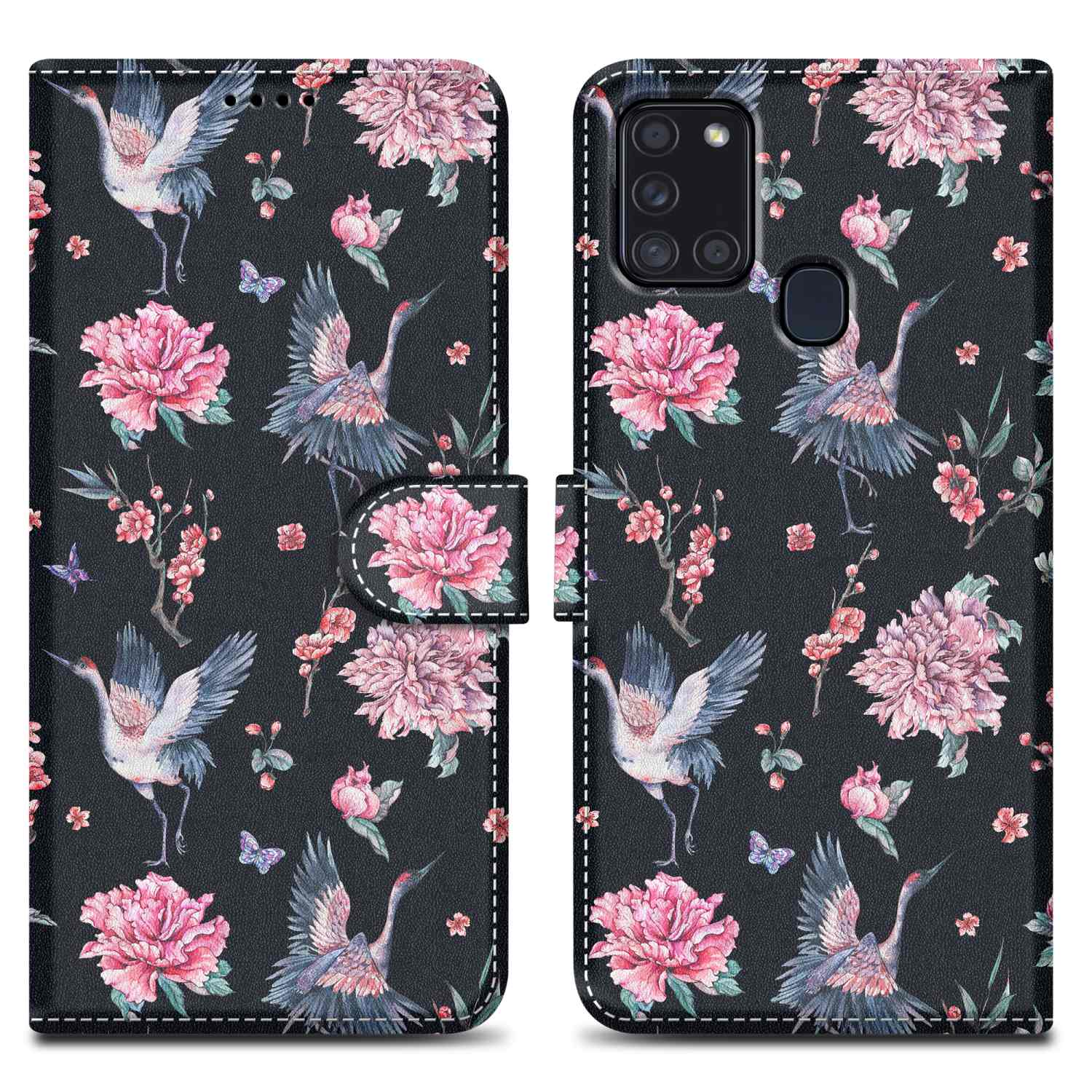 Schwarze Handyhülle mit floralem Design von Kranichen und rosa Blumen, Hülle offen.