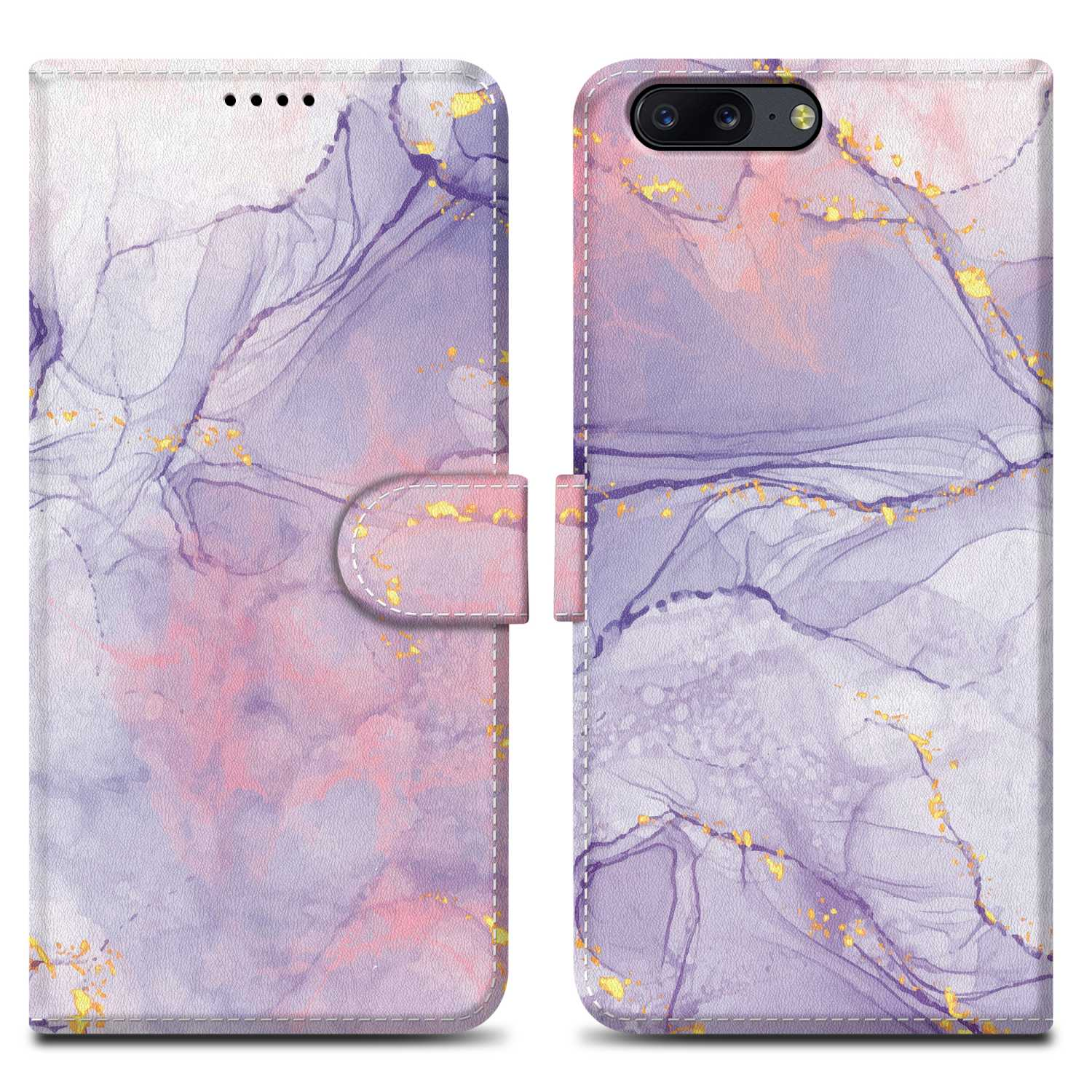 Custodia per telefono, design in marmo viola con dettagli dorati. Custodia aperta, telefono visibile.