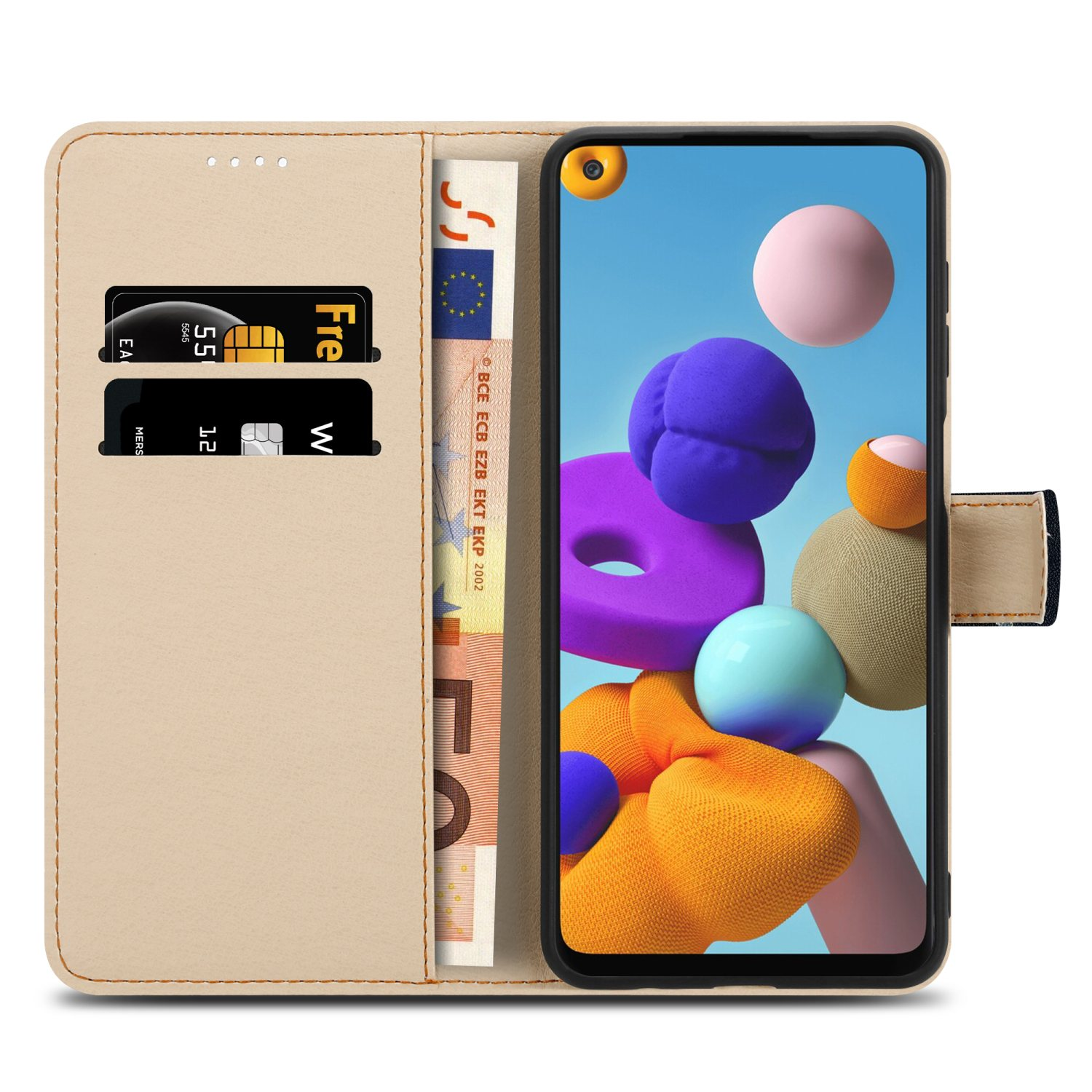 Eine beige Handy-Geldbörse mit Handy, Karten und Geld. Die Geldbörse ist geöffnet und zeigt Karten und Geld.