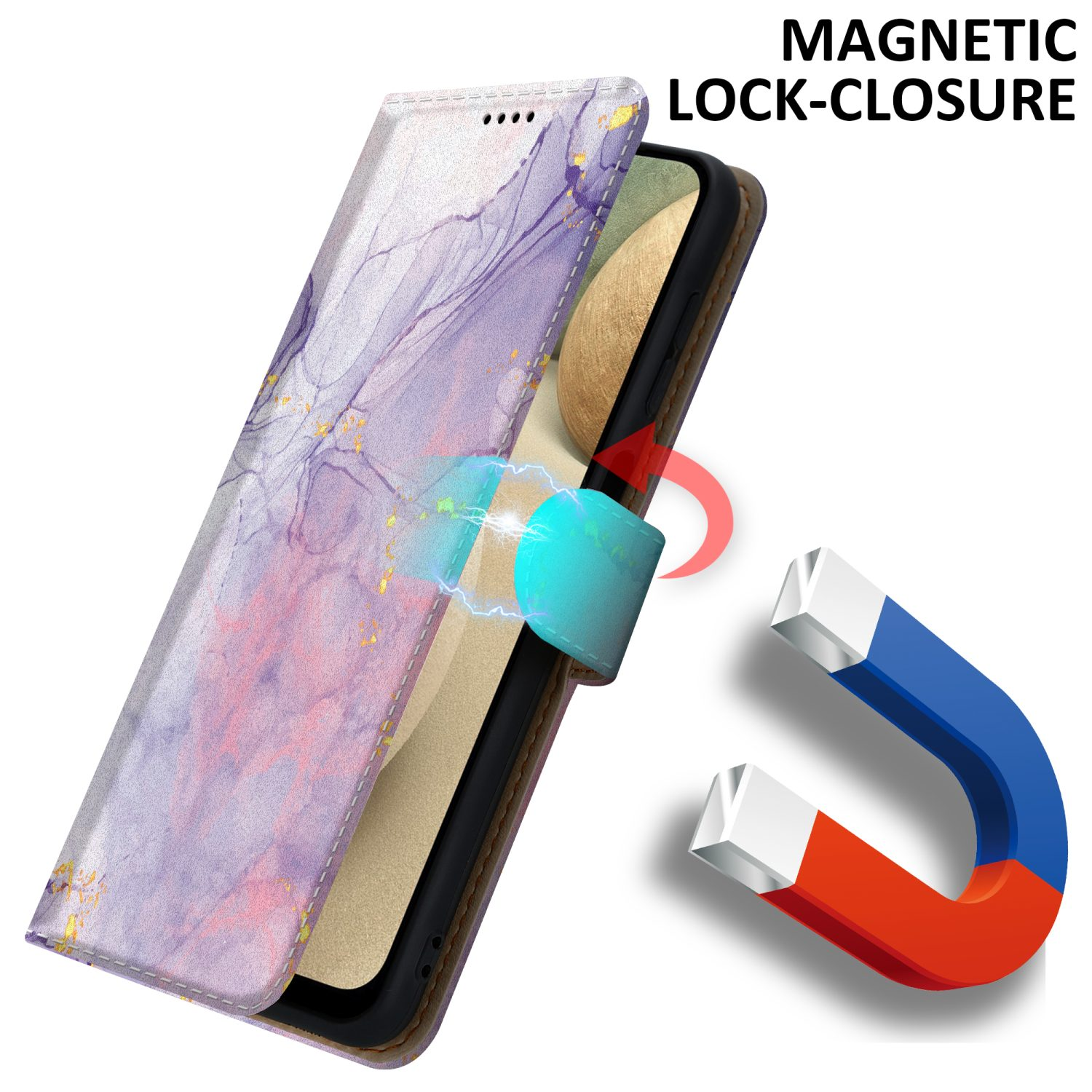 Custodia del telefono aperta con chiusura magnetica, design marmorizzato astratto.