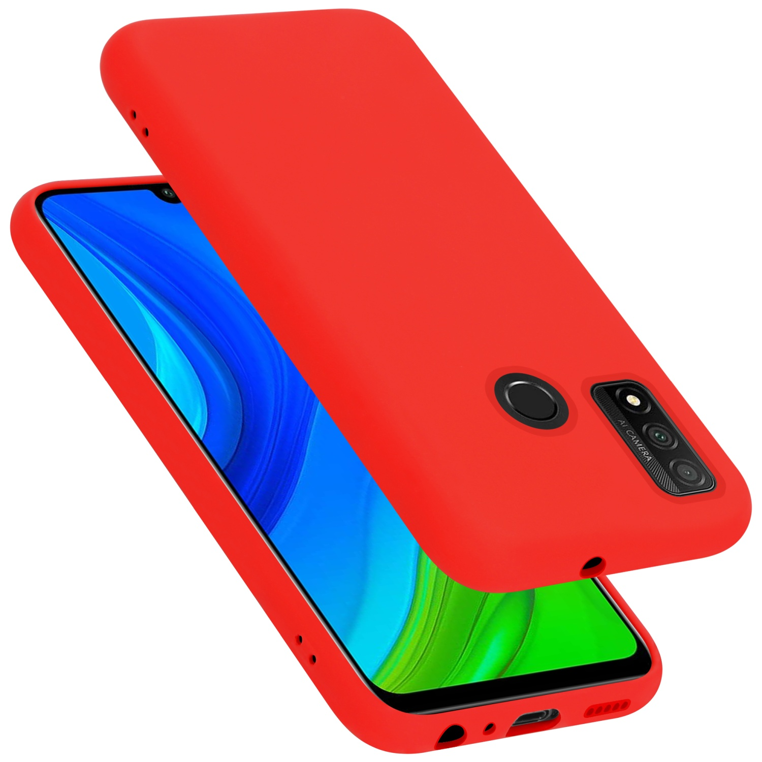 Rote Handyhülle auf einem Telefon. Kamera und Tasten sichtbar. Weißer Hintergrund.