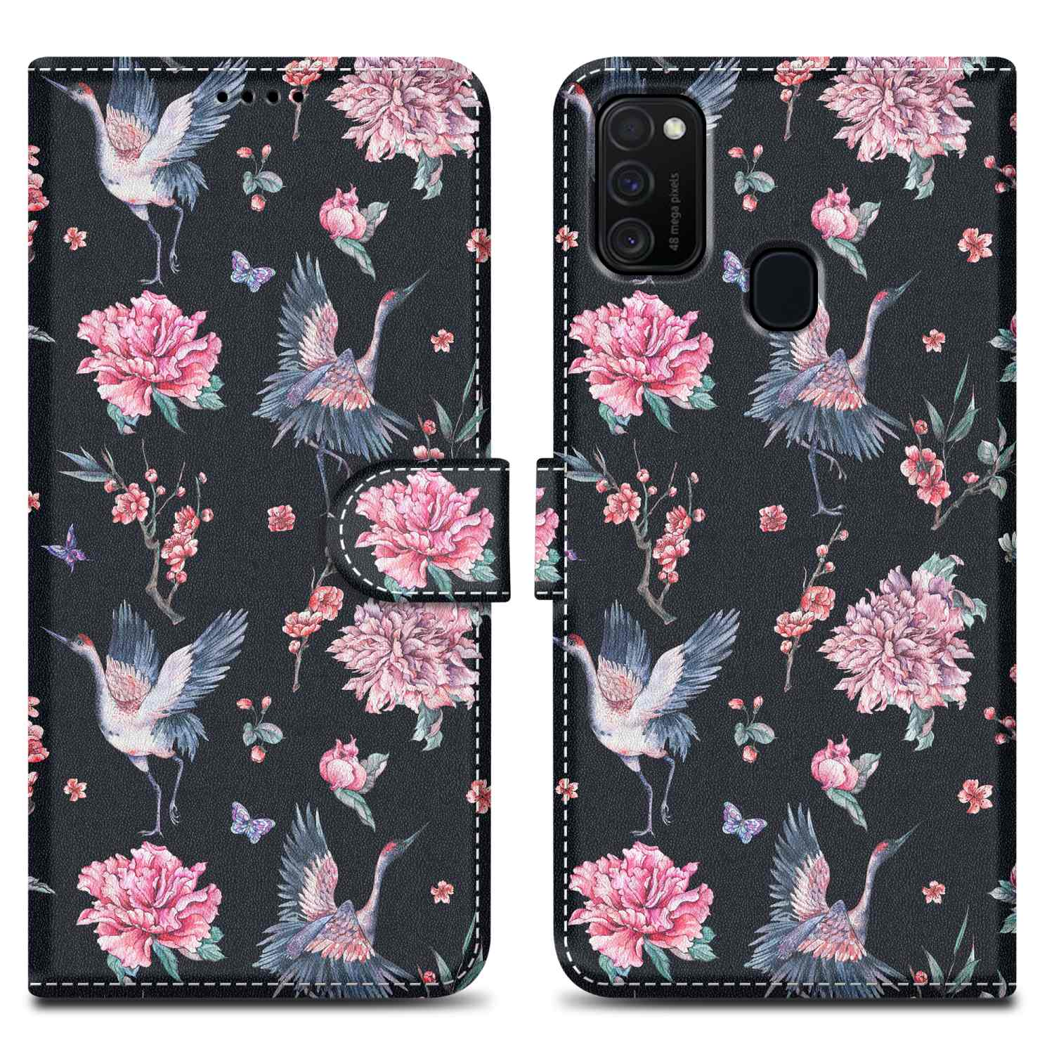 Custodia per telefono con fiori e gru. Custodia con fiori e gru su sfondo nero.