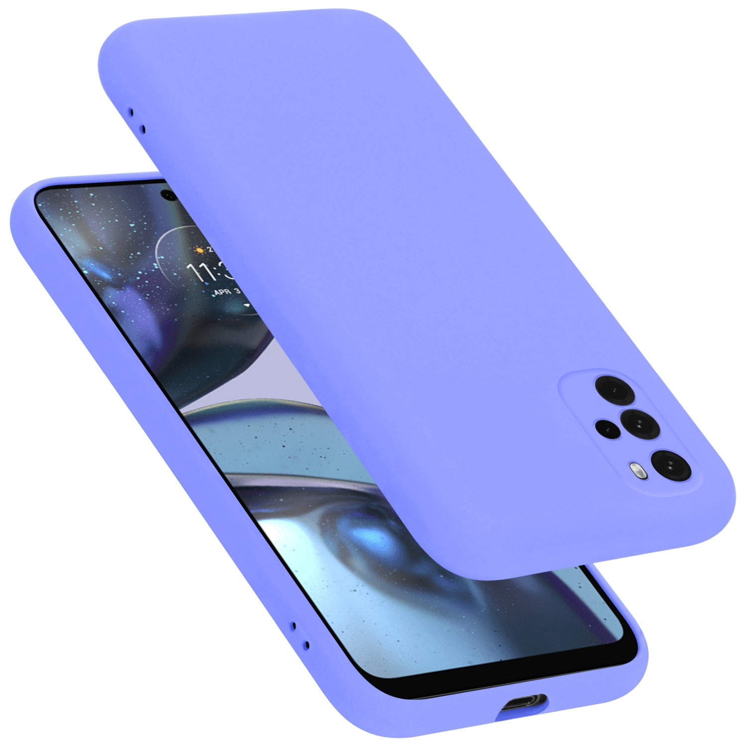 Lila Handyhülle auf einem Telefon. Das Telefon ist schwarz. Die Hülle bedeckt die Rückseite des Telefons.