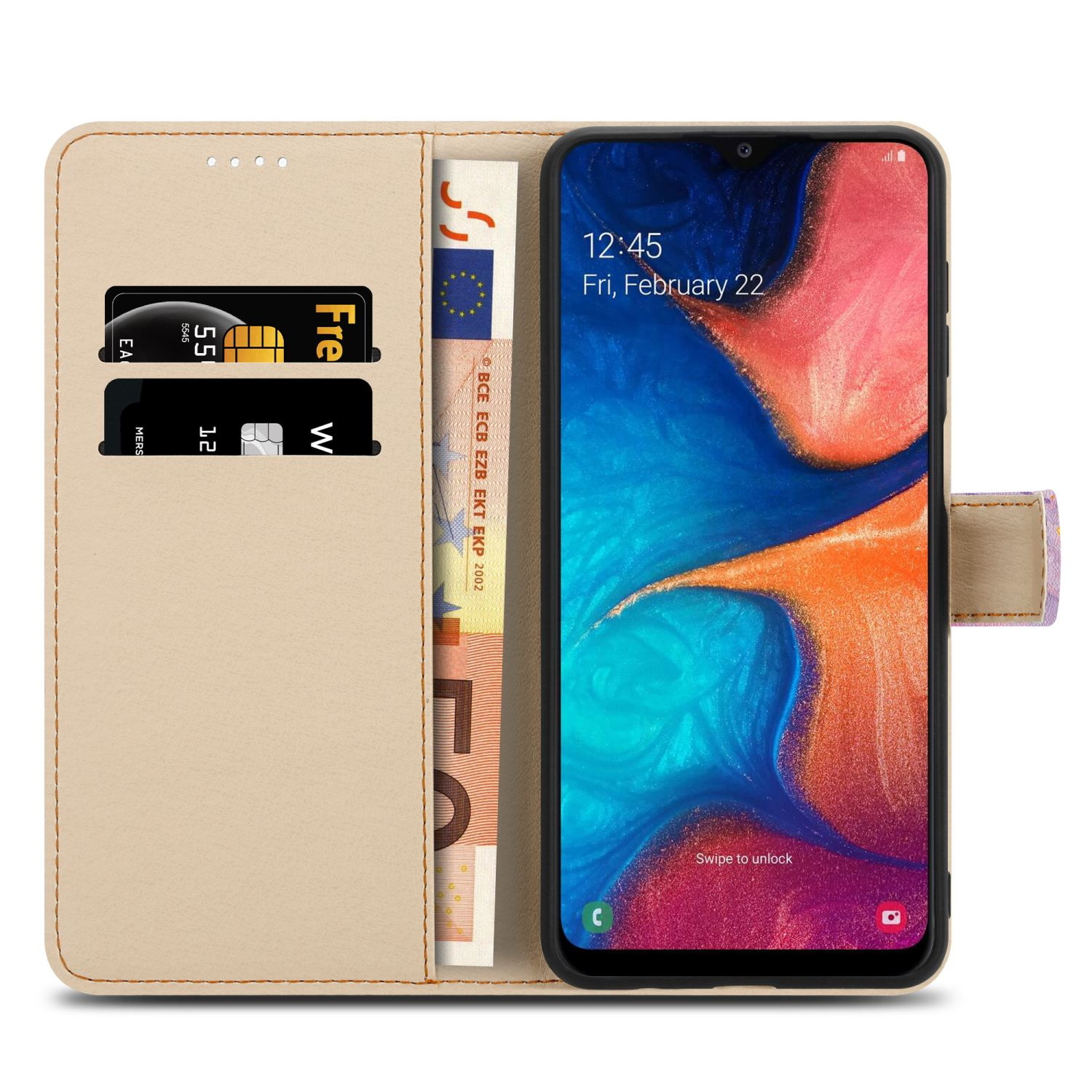 Custodia del telefono aperta con un telefono che mostra uno schermo colorato, carte e banconote in euro all'interno.