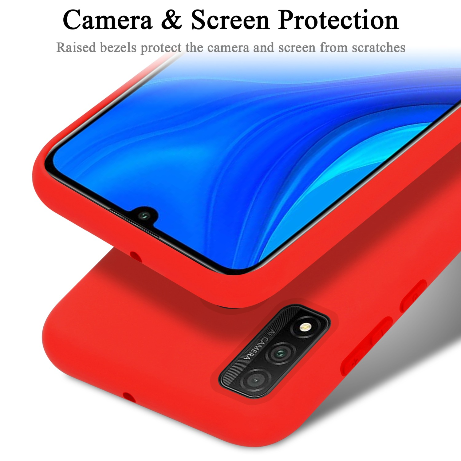 Eine rote Handyhülle. Die Handyhülle befindet sich auf einer anderen Handyhülle. Der Telefonbildschirm ist blau.