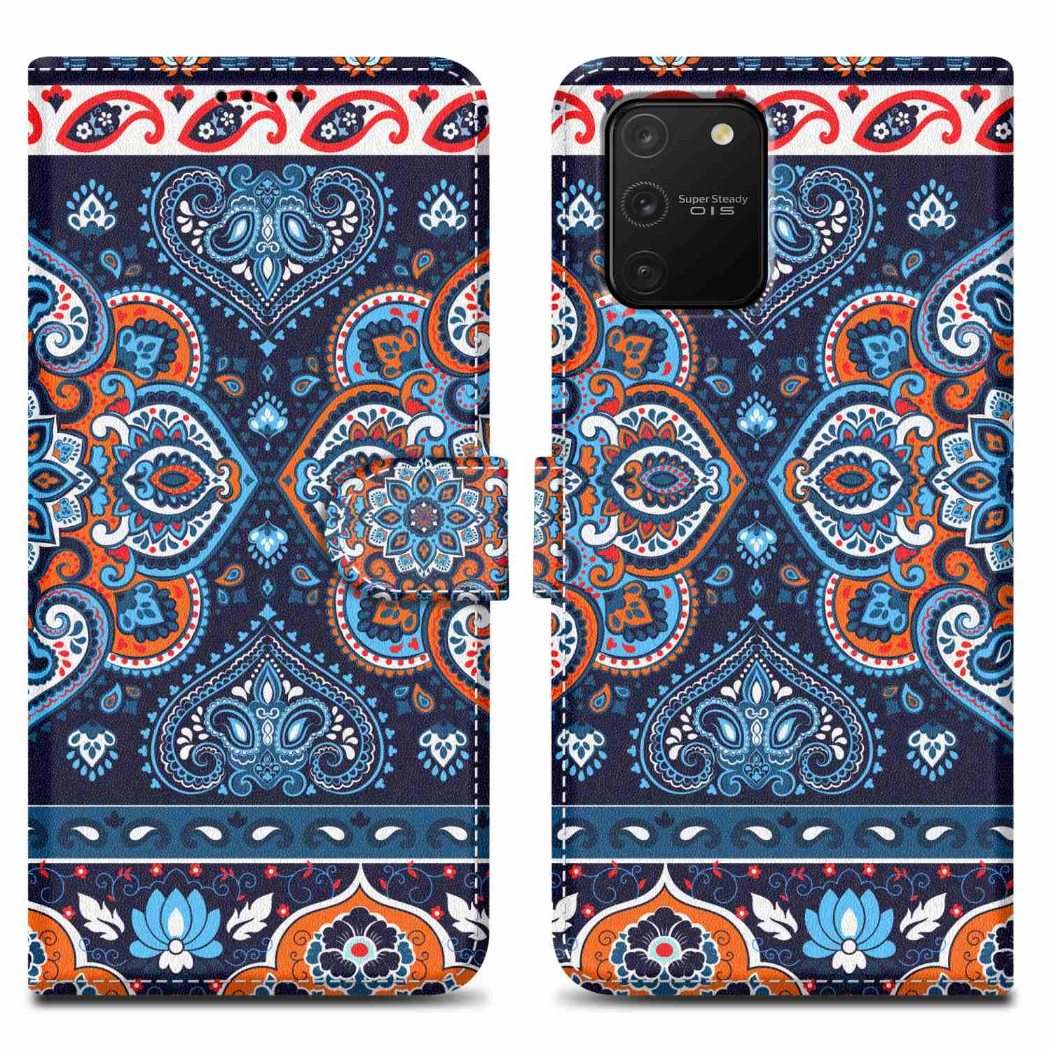 Una custodia per telefono aperta, con un motivo colorato all'interno e un telefono.