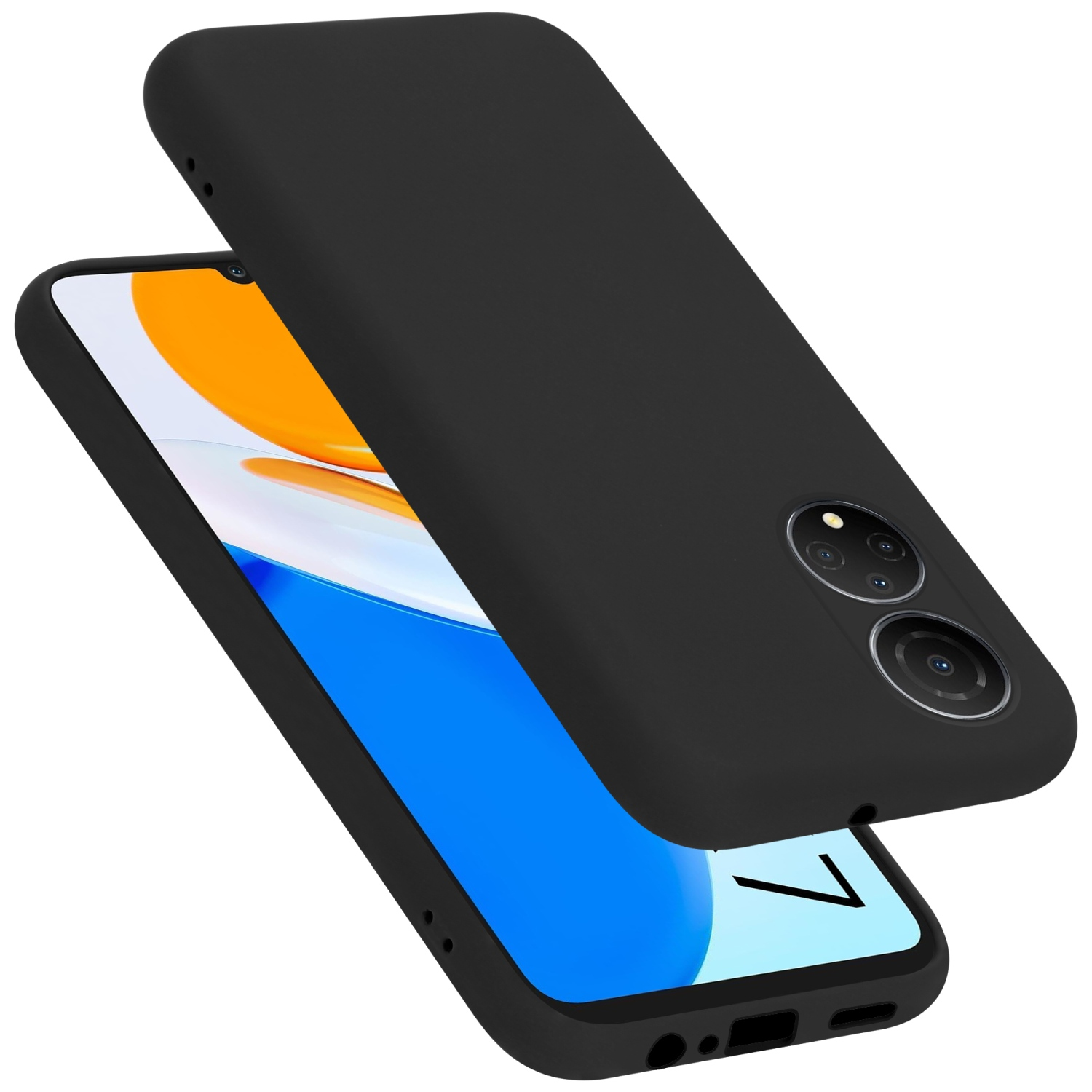 Schwarze Handyhülle mit einem Telefon. Das Telefon ist schwarz mit drei Kameras. Die Hülle bedeckt das Telefon.